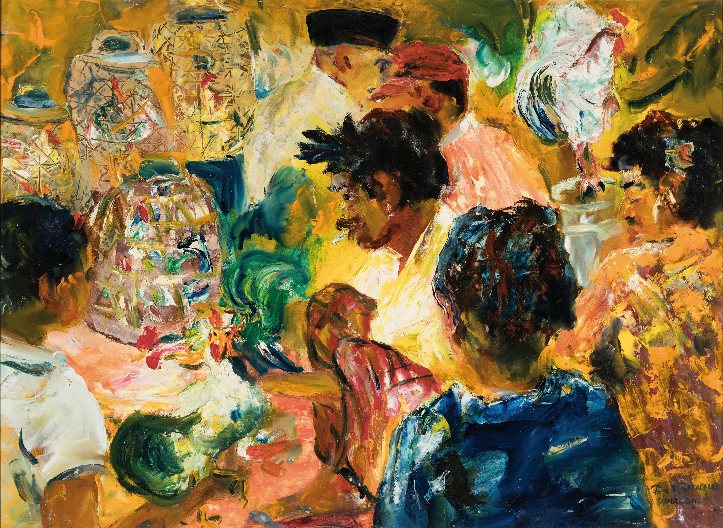 Fred Brosius, 1917 Frankfurt - 2004,, Studium Frankfurt, ab 1948 eigene Kunstschule in Frankfurt, figurenreiche Darstellung vor dem Hahnenkampf in ...