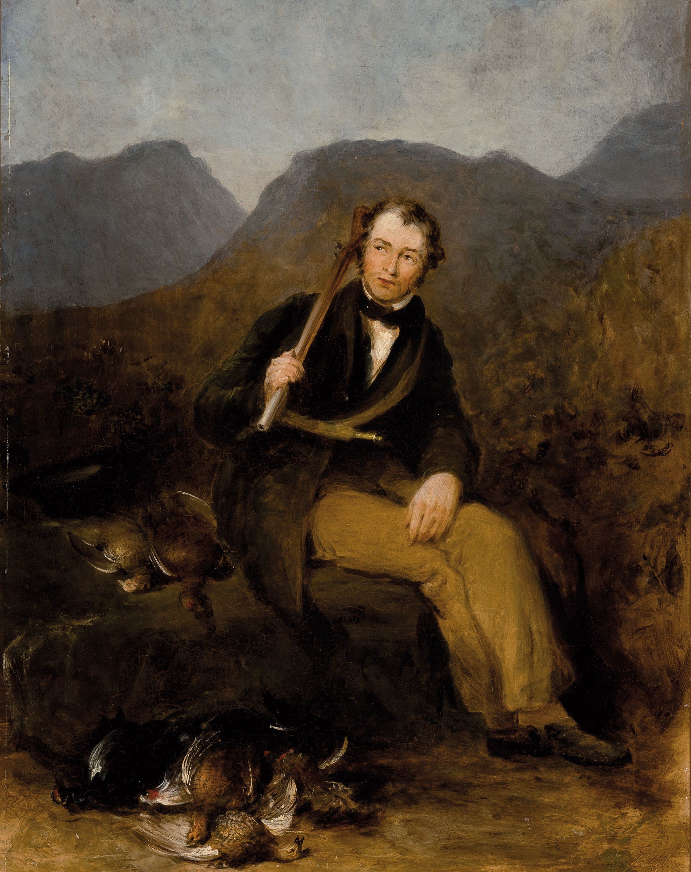 Samuel Eglington, erwähnt 1830 - 1855, sitzender Jäger bei der Fasanenjagd, spätromantische Gebirgslanschaft, Öl/Pappe, feine lasierende Malerei, ...