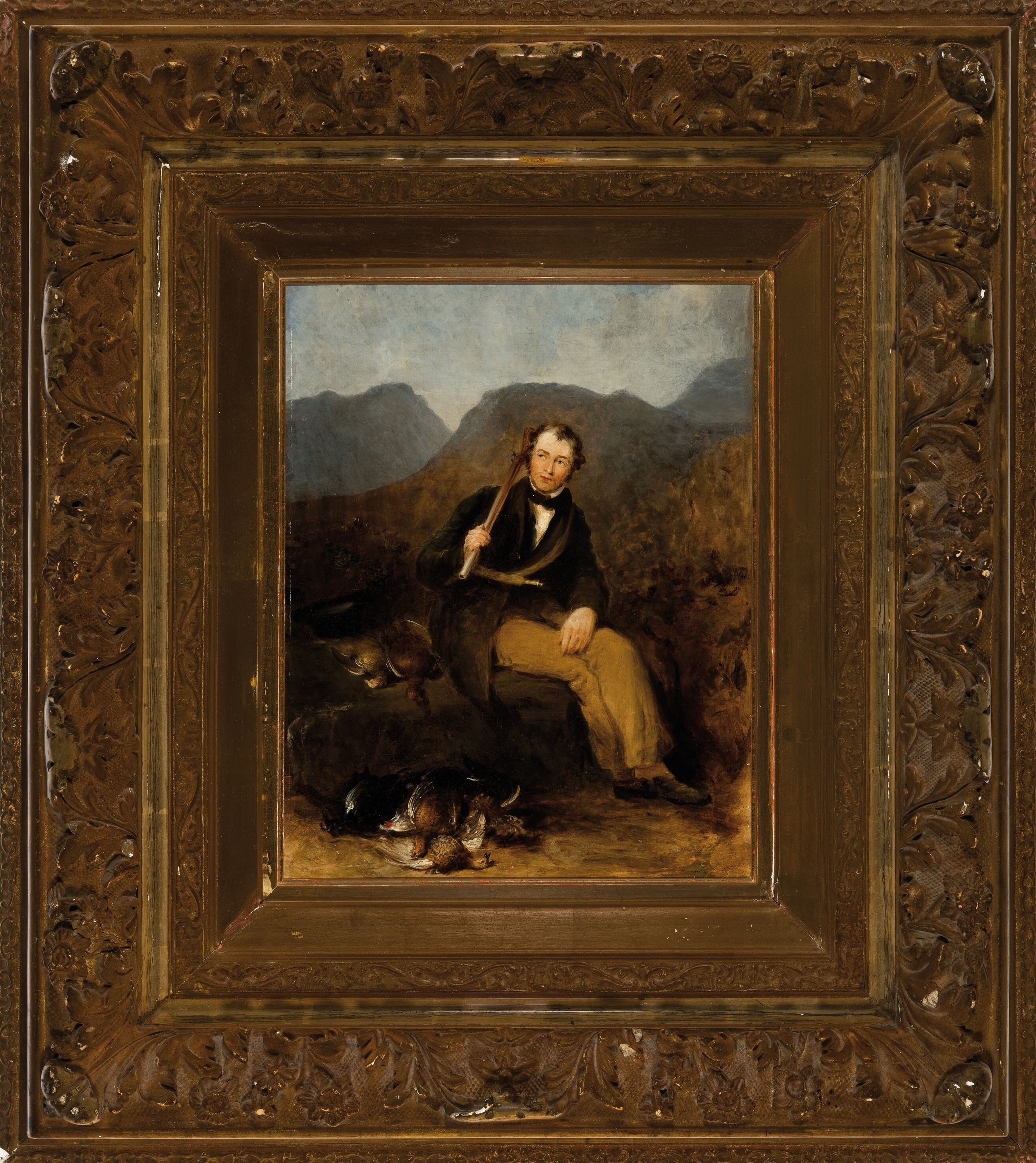 Detail k: Samuel Eglington, erwähnt 1830 - 1855, sitzender Jäger bei der Fasanenjagd, spätromantische Gebirgslanschaft, Öl/Pappe, feine lasierende Malerei, ...