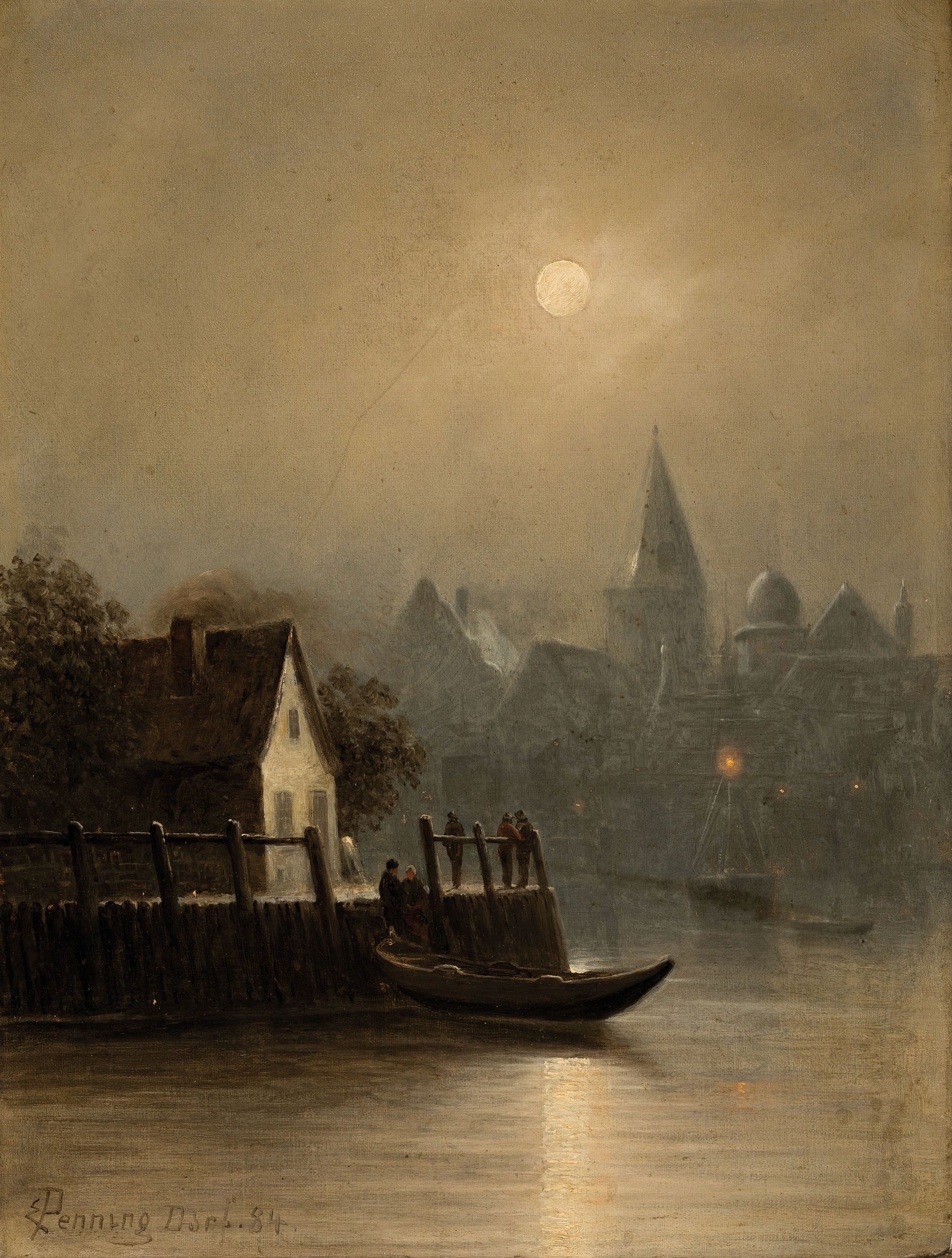 E. Penning-Duprin, dat. 1884,, Mondlandschaft am Fluss, Öl/Lwd., signiert und Dat. 84, l. Altersschäden, Prunkrahmen, l. best. und l. ausgebessert, ...