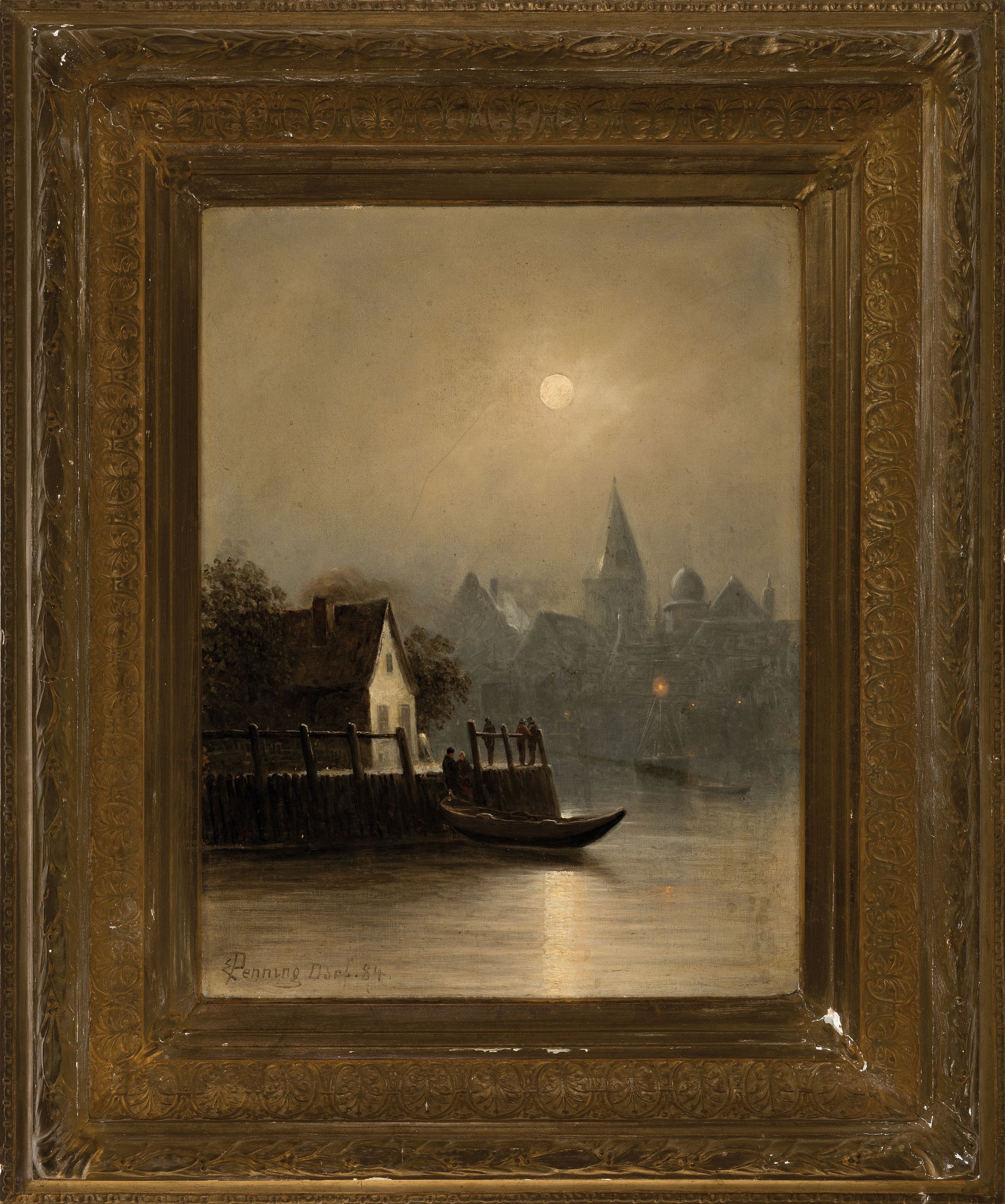 Detail k: E. Penning-Duprin, dat. 1884,, Mondlandschaft am Fluss, Öl/Lwd., signiert und Dat. 84, l. Altersschäden, Prunkrahmen, l. best. und l. ausgebessert, ...