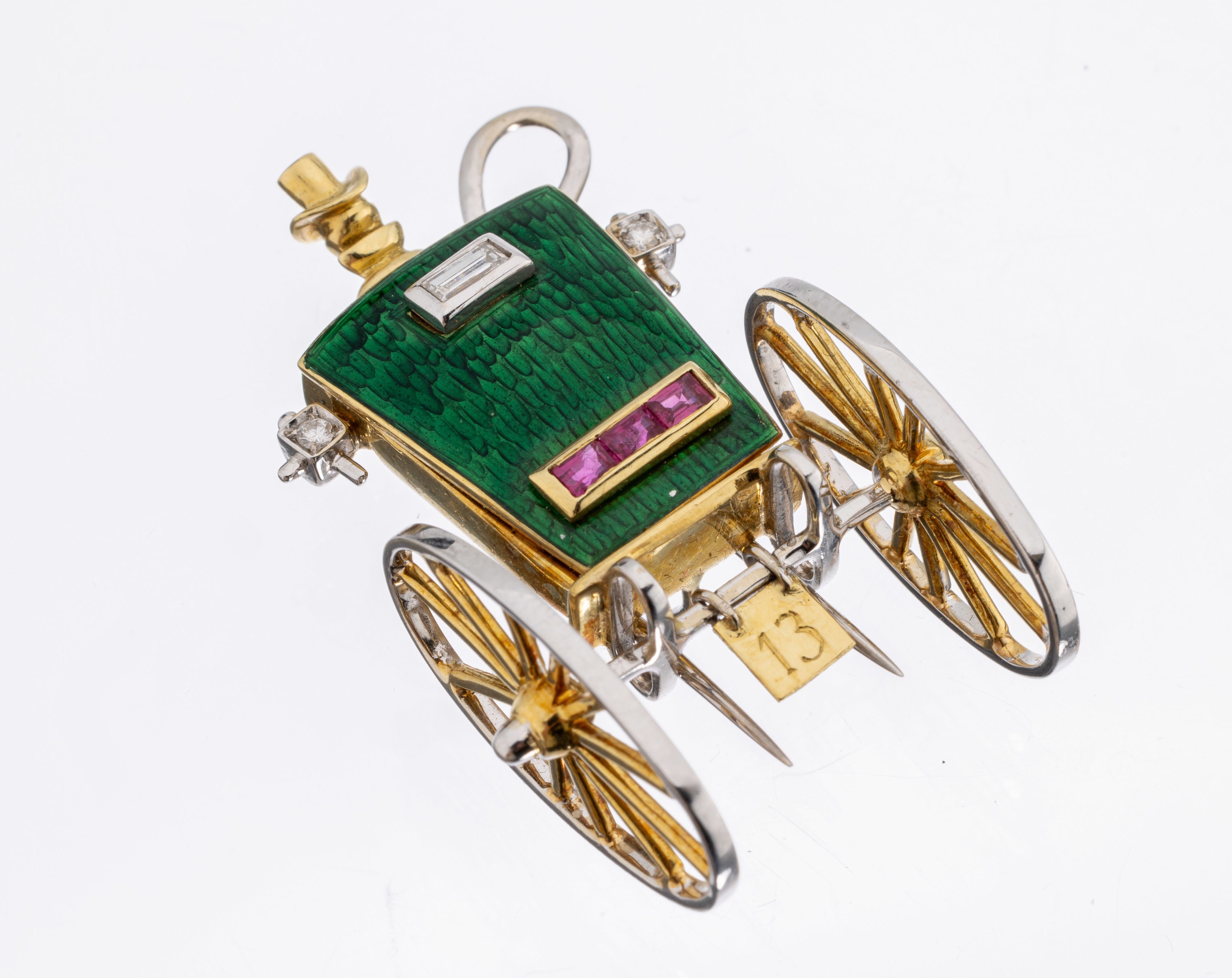 Außergewöhnliche 18 kt Gold Diamant-Rubin- Brosche "Kutsche" mit Email, GG/WG 750/000,ital. Atelierarbeit, qualitätv. Verarbeitung, ...