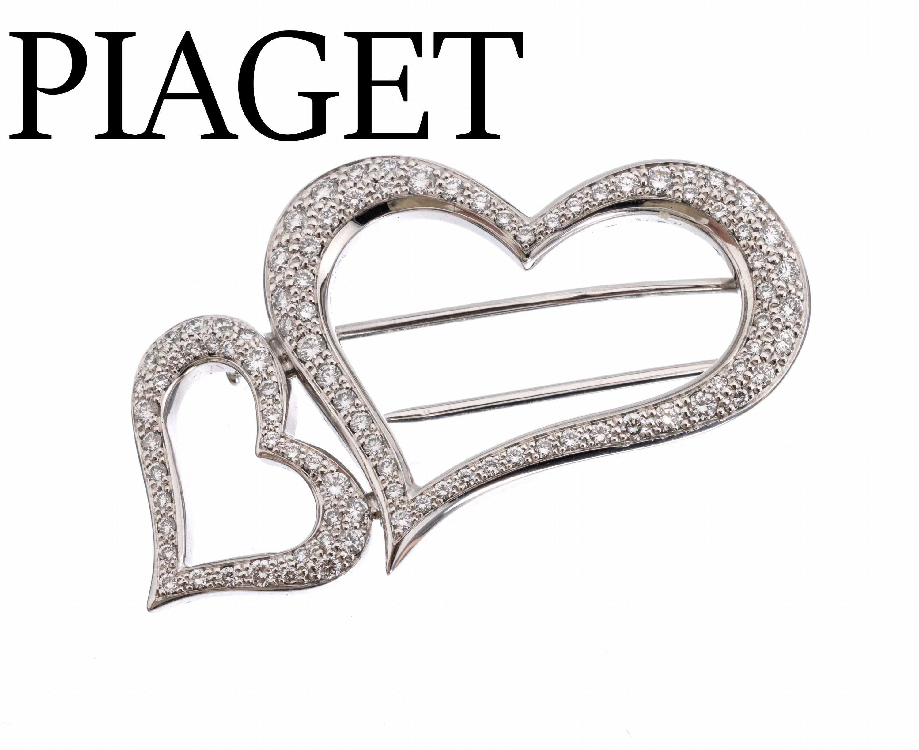 18 kt Gold PIAGET Brillant-Brosche "Herzen", WG 750/000, 2 Herzen, 95 Brillanten zus. ca. 0.80 Weiß/si, ca. 4 x 2.5 cm, ca. 14.2 g, sign. ...