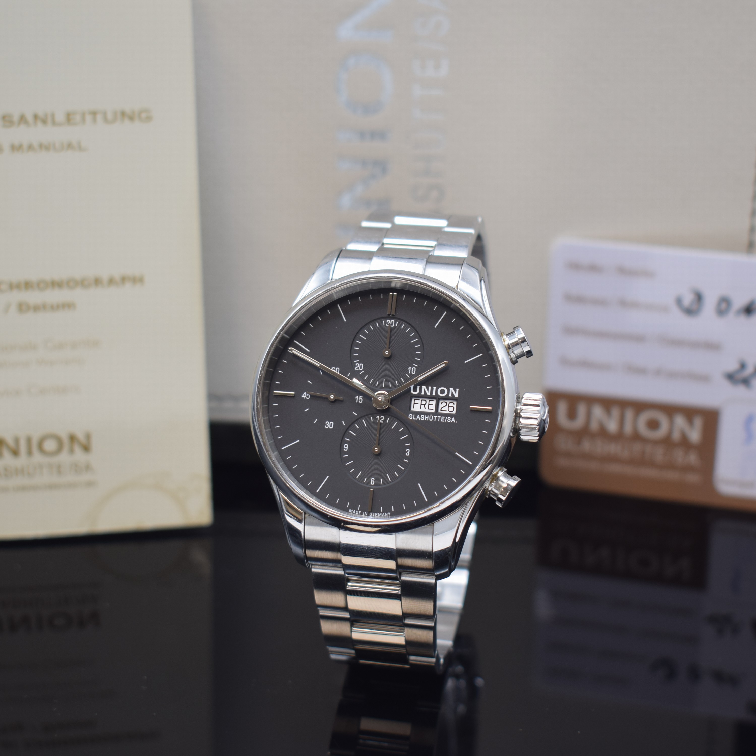 UNION GLASHÜTTE Viro Herrenchronograph Referenz D011.414.11.051.00, Deutschland verk. lt. beil. Pap. 06/2019, Automatik, beids. vergl. Edelstahlgeh. ...