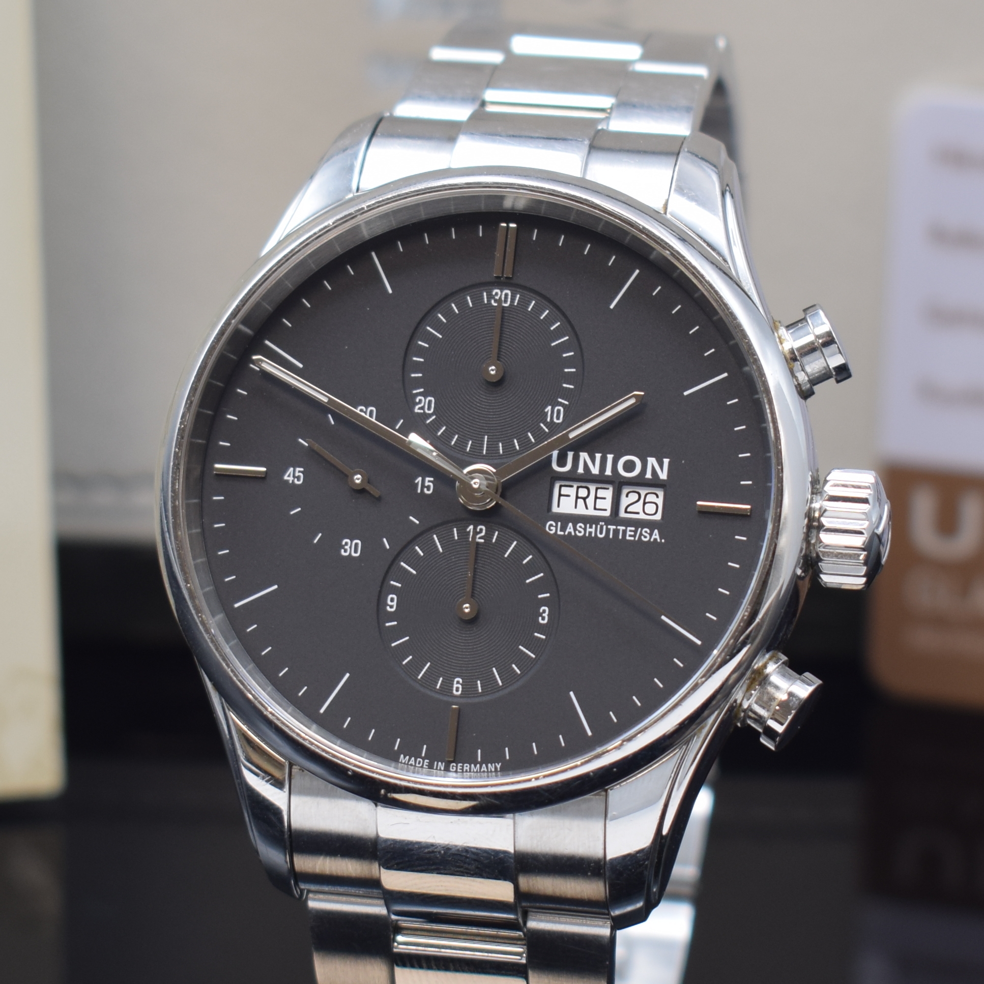 Detail a: UNION GLASHÜTTE Viro Herrenchronograph Referenz D011.414.11.051.00, Deutschland verk. lt. beil. Pap. 06/2019, Automatik, beids. vergl. Edelstahlgeh. ...