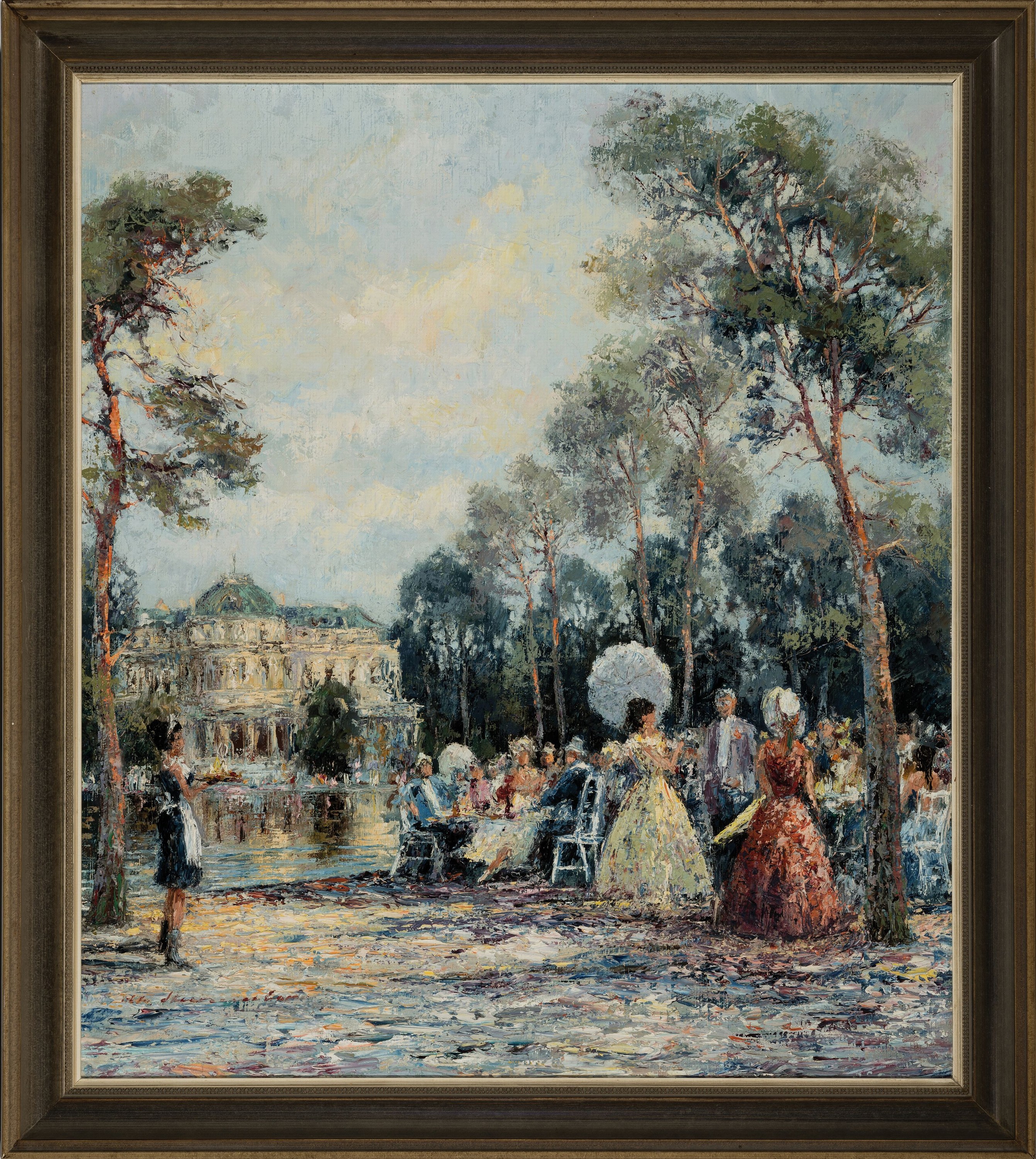 Detail k: Christian Stemmeler, geb. 1928, Sommerliche Gesellschaft im Schloßpark, Öl/Lwd, links unten signiert, ca. 80x70cm, R. ca. 91x81cm