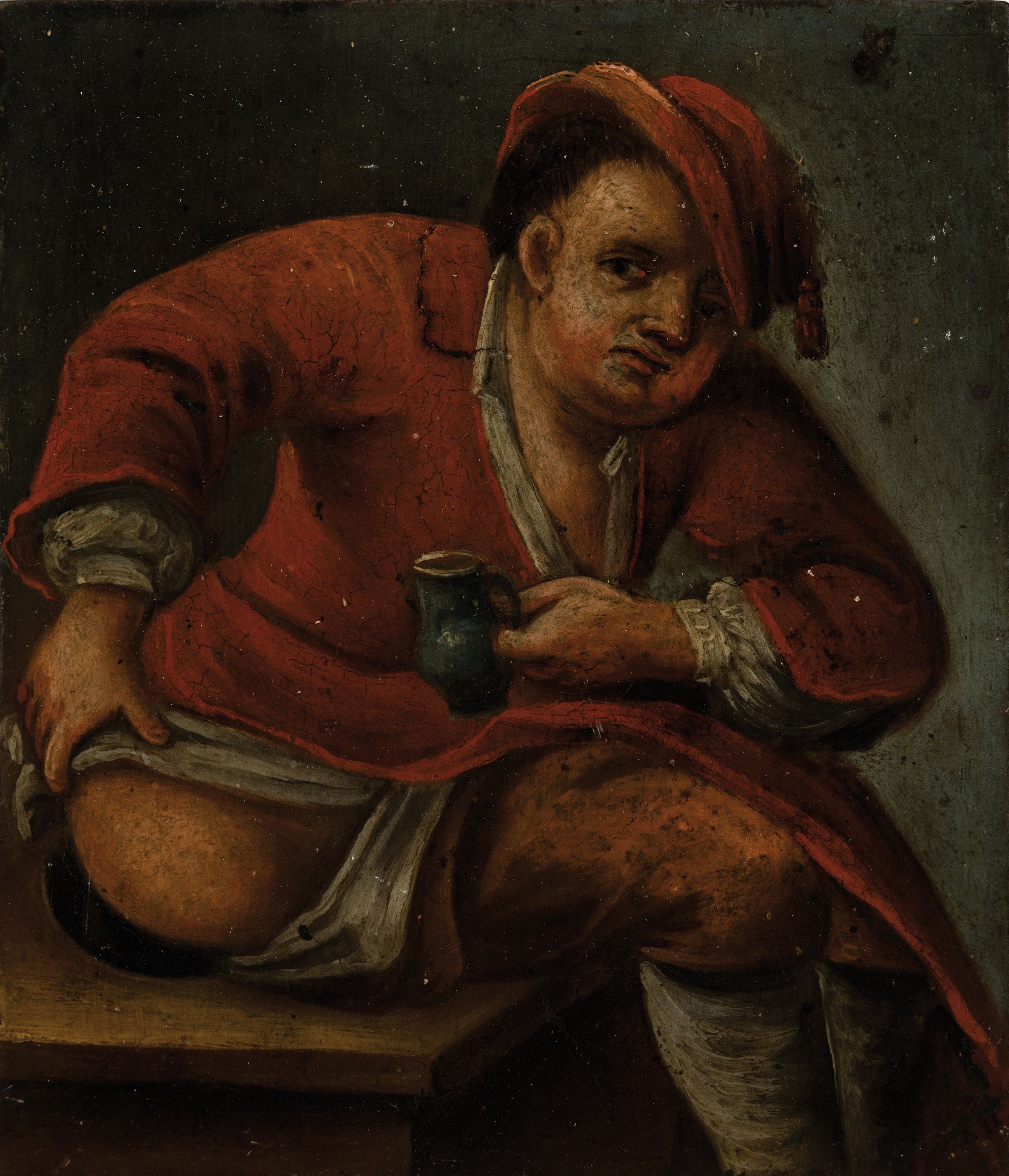 Unbekannter Künstler, Ende 18. Jh.,, auf Kupfer gemalt, beim Nachtgang mit weinkrüglein, leicht beschädigt, ca. 14.3 x 14.3 cm
