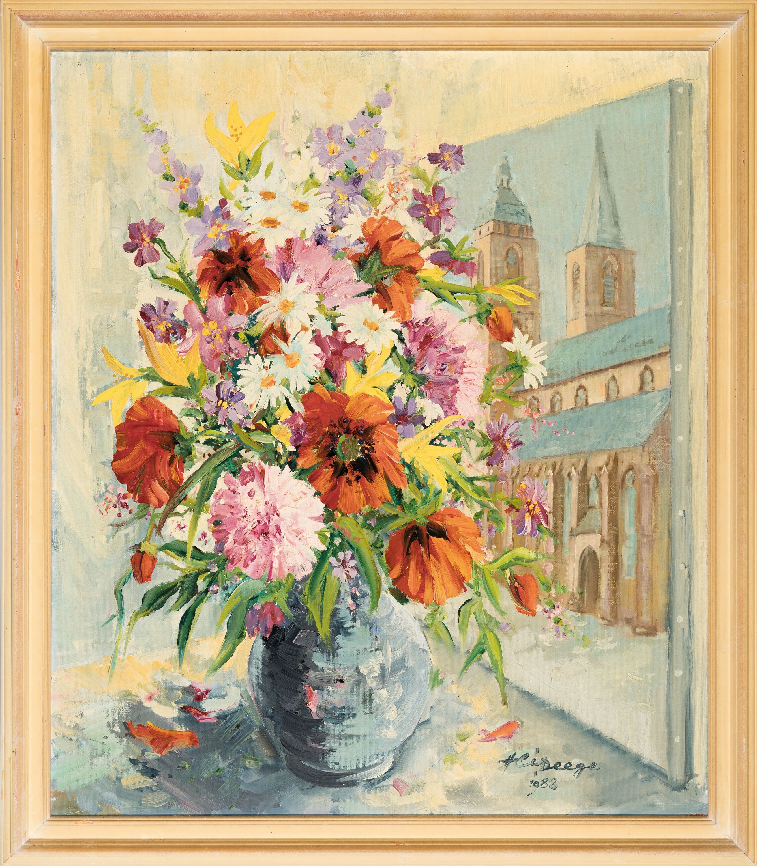Detail k: Heiner Deege, 1920-2007 Haßloch, Blumenstillleben vor einem Gemälde der Stiftskirche in Neustadt, Öl/Lwd, rechts und dat. 1988, ca. 70x60cm, R. ...