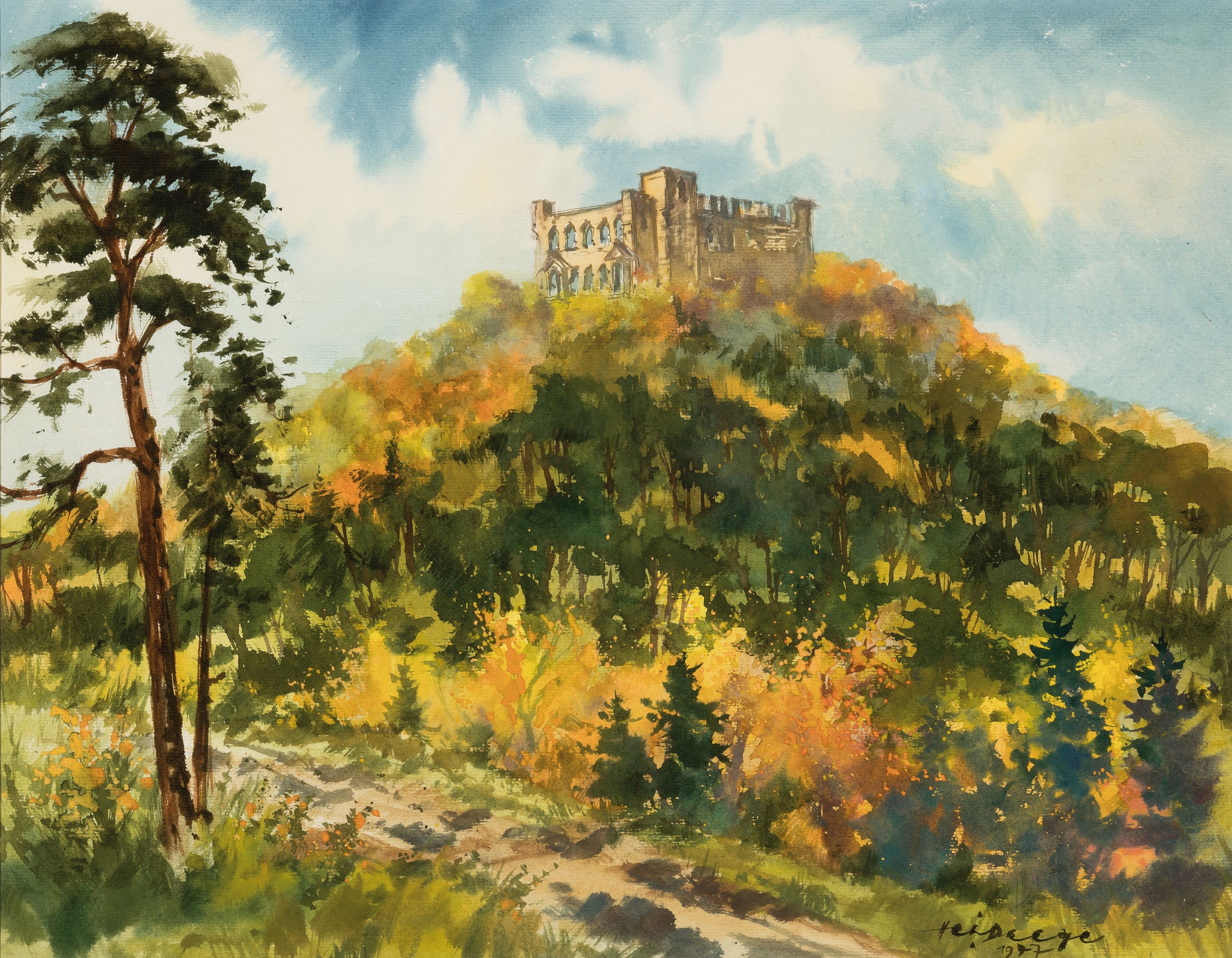 Heiner Deege, 1920-2007 Haßloch, 2 Aquarelle: Herbst am Hambacher Schloß, Aquarell, rechts unten sign. und dat. 1977, ca. 54x68cm, PP, u.Gl., R. ...