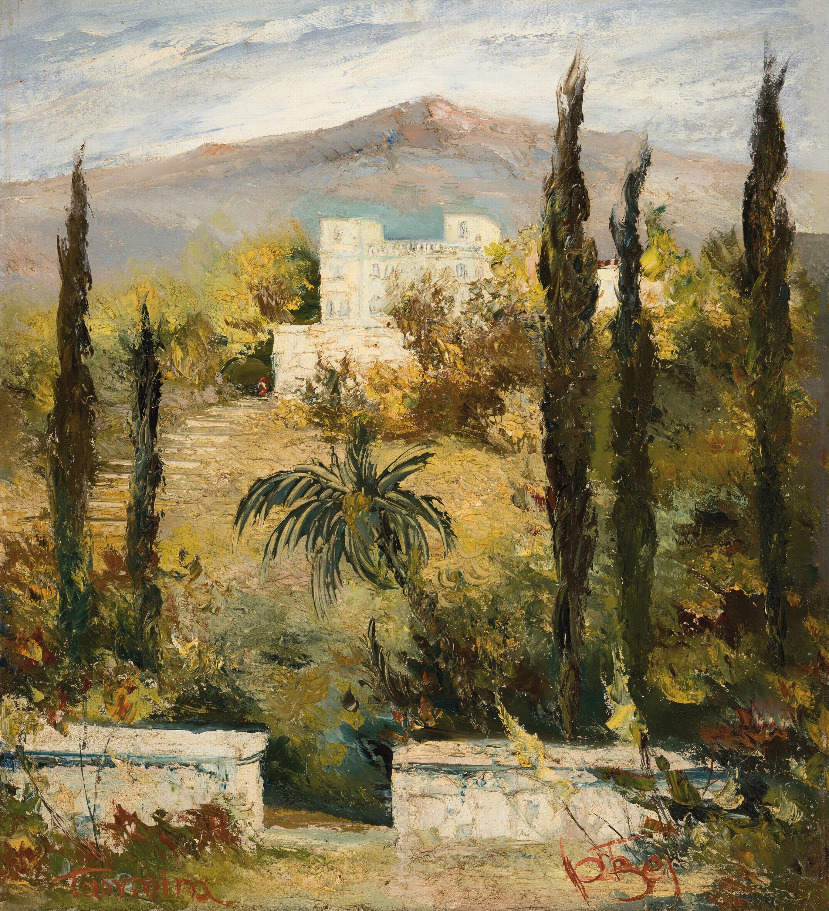 Karl Philipp Spitzer, 1887-1954 Speyer, Landschaft bei Taormina, Öl/Hartfaser, links unten betitelt Taormina, rechts unten signiert, ca. 100x90cm, ...