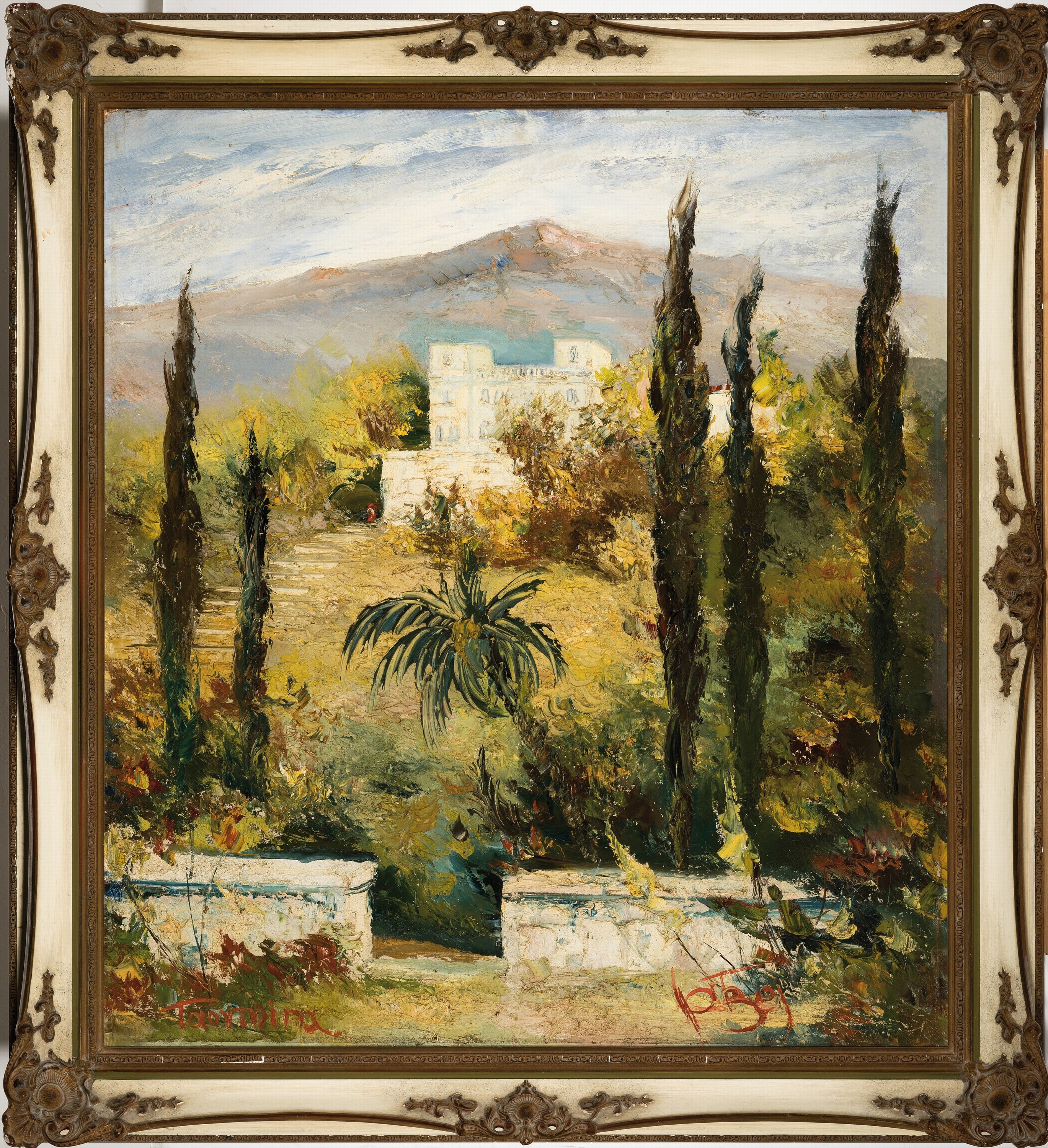 Detail k: Karl Philipp Spitzer, 1887-1954 Speyer, Landschaft bei Taormina, Öl/Hartfaser, links unten betitelt Taormina, rechts unten signiert, ca. 100x90cm, ...
