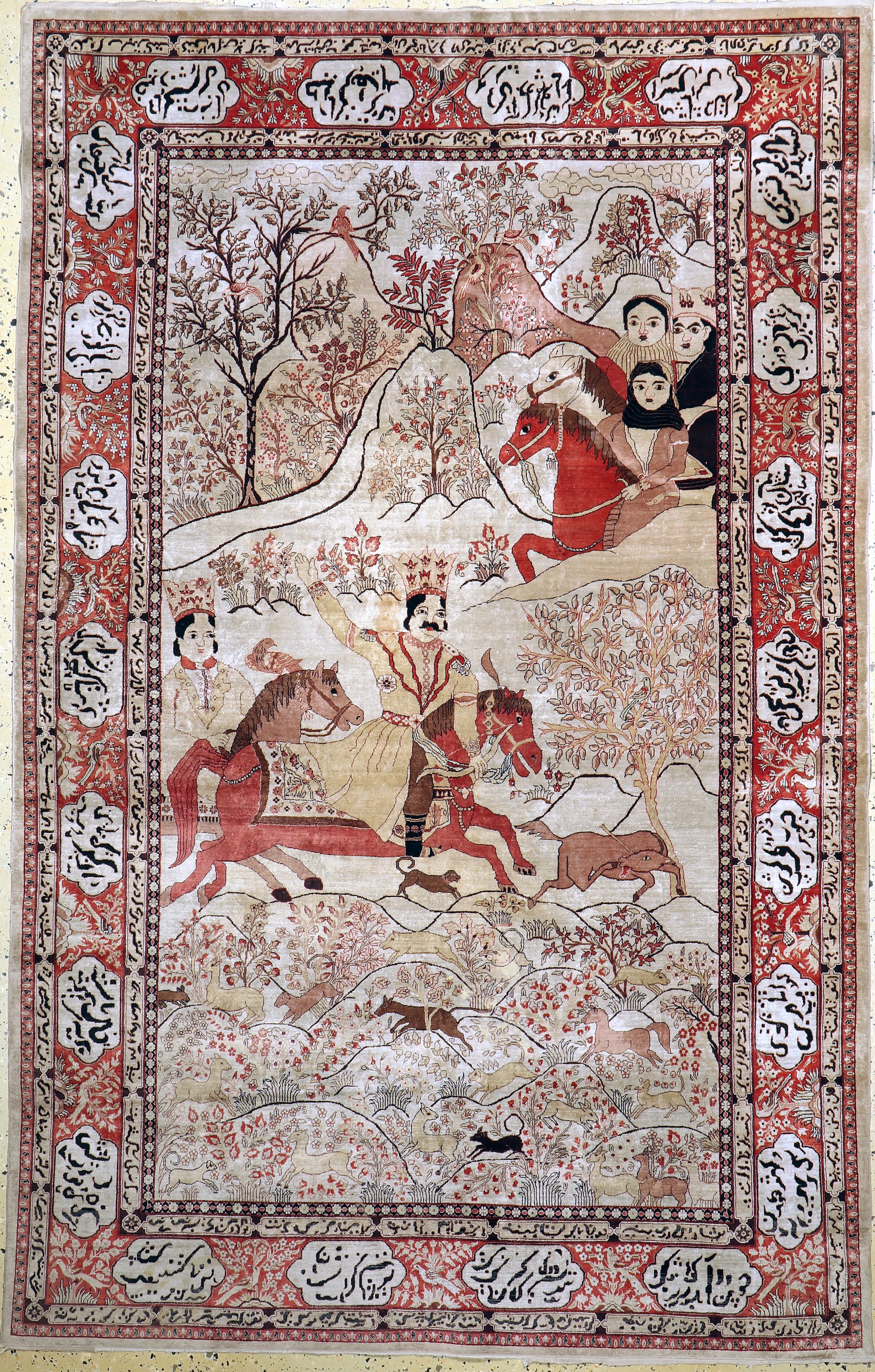 Seiden-Teppich Pakistan, "Bahram-Gour", Mitte 20.Jhd, reine Naturseide, ca. 220 x 142 cm, ca. 1,0 Mio. Kn/qm, EHZ: 2(Fleckig)