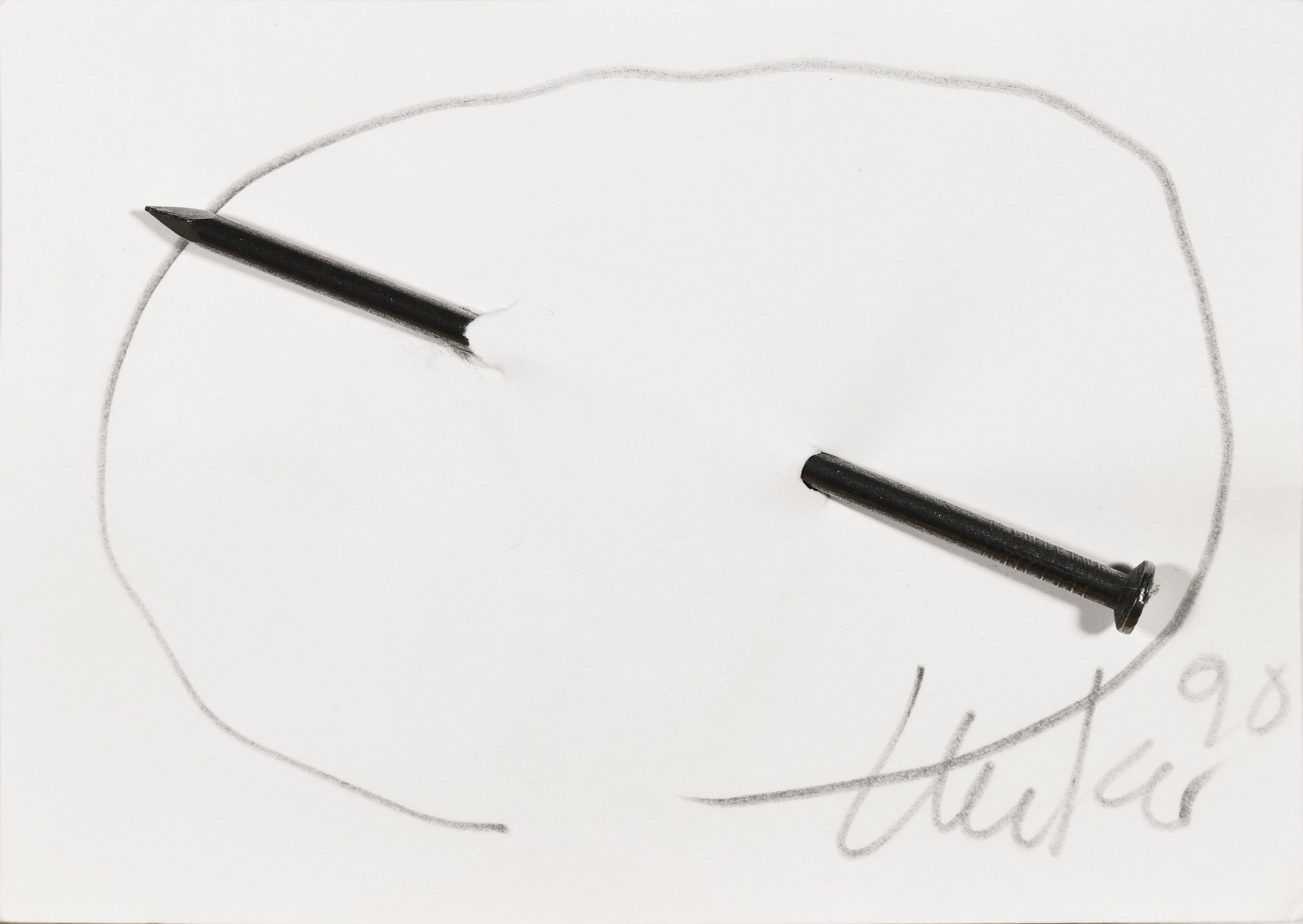 Günter Uecker, geb. 1930, Unikat, Nagelobjekt, großer Nagel durch Papier, handsigniert und dat. 90, Nagel ca. 12cm, Papier ca. 10.5x14.9cm