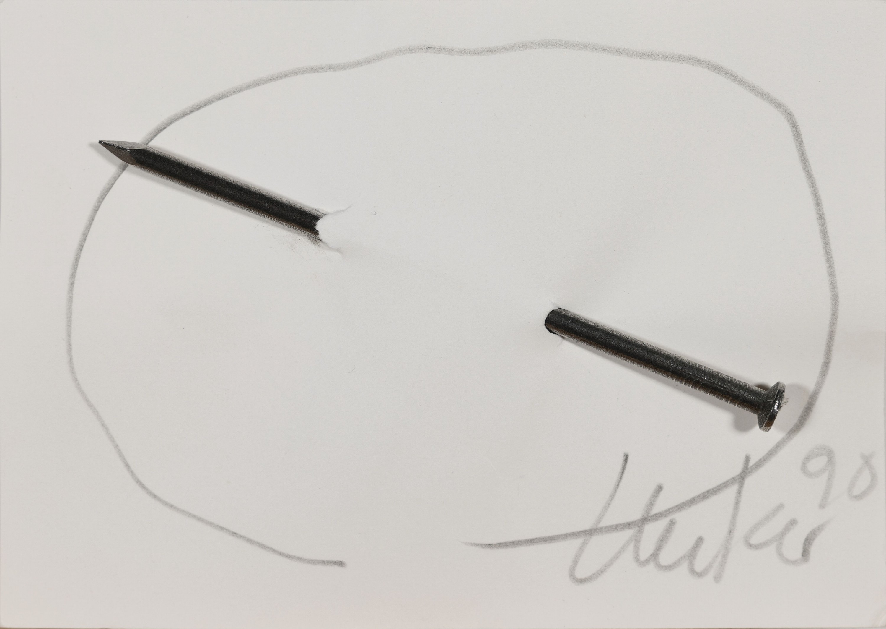 Detail k: Günter Uecker, geb. 1930, Unikat, Nagelobjekt, großer Nagel durch Papier, handsigniert und dat. 90, Nagel ca. 12cm, Papier ca. 10.5x14.9cm