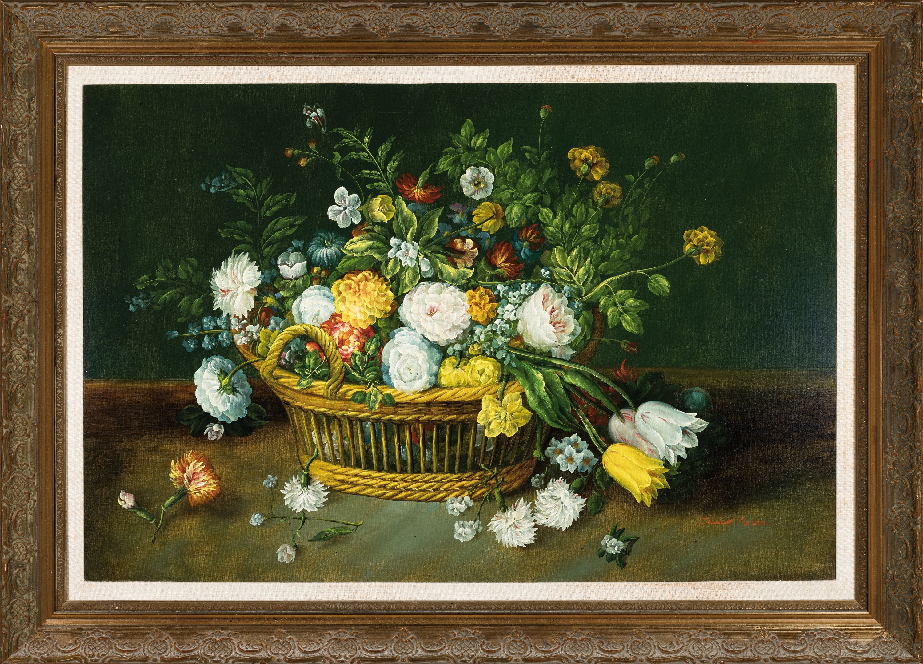 Detail k: James Mazan, zeitgen. us-amerikanischer Traditionalist, üppiges Blumenstillleben im Weidenkorb, Öl/Lwd, rechts unten sign., ca.60x90cm, R. ca. ...