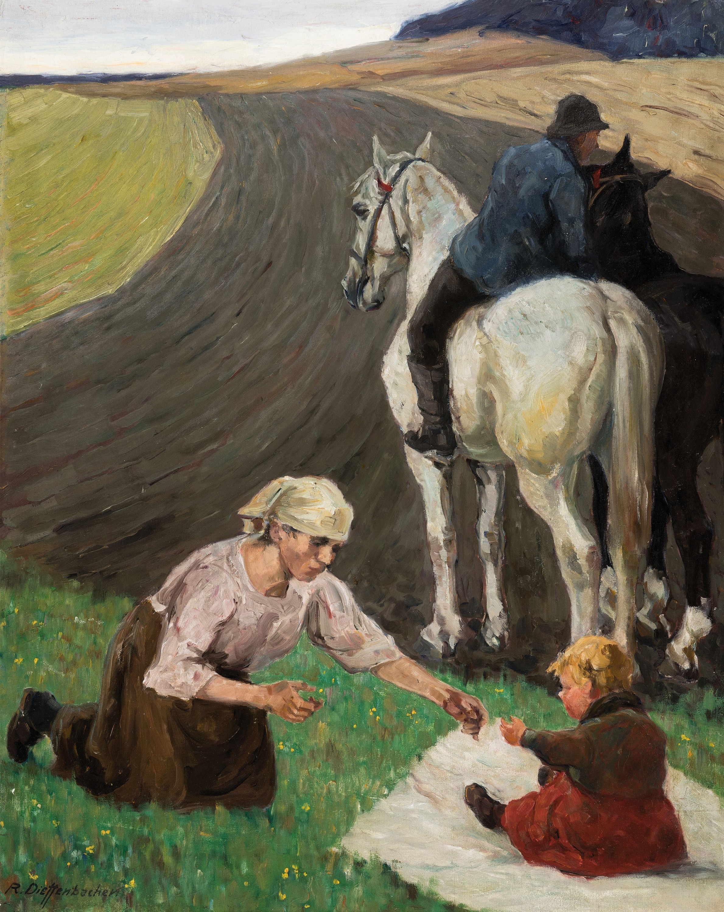 Reinhold Dieffenbacher, 1882-1966 Berlin, Familie bei der Rast auf dem Feld, Öl/Lwd, rechts unten signiert, ca. 80x64.5cm, R. ca.