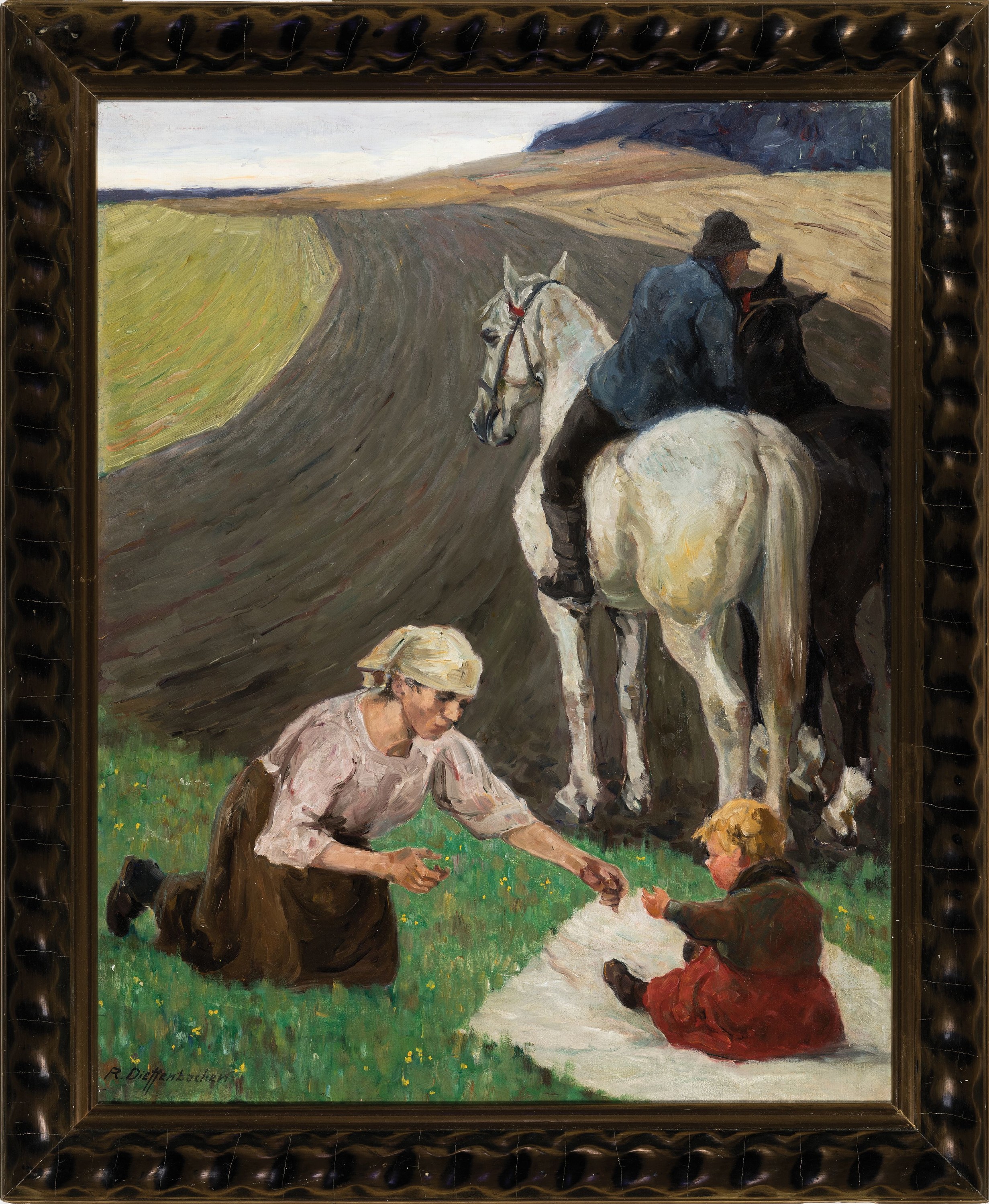 Detail k: Reinhold Dieffenbacher, 1882-1966 Berlin, Familie bei der Rast auf dem Feld, Öl/Lwd, rechts unten signiert, ca. 80x64.5cm, R. ca.