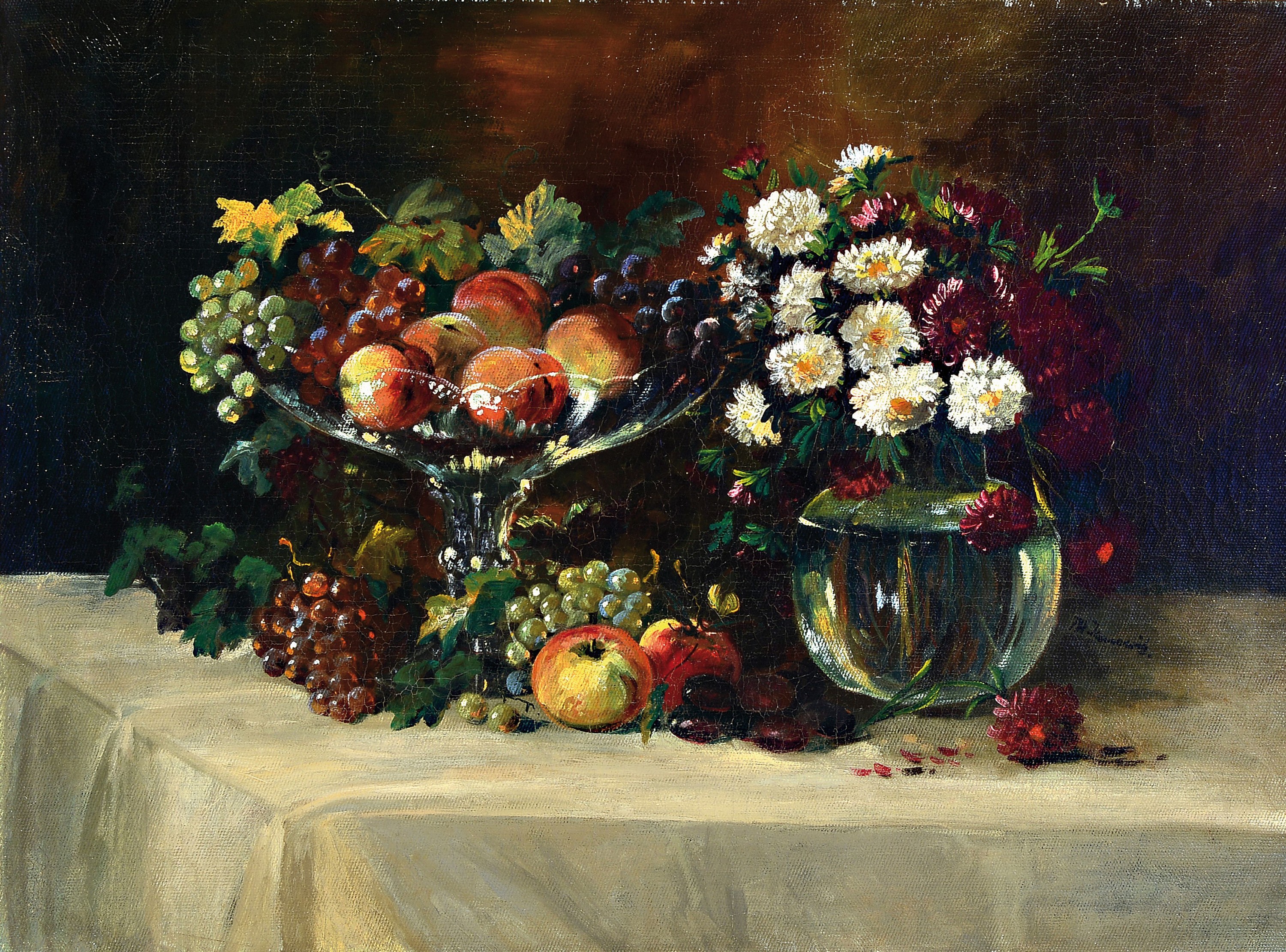 P.H. Janowitz, Künstler Anfang 20. Jh., üppiges Stillleben mit Früchten und Blumen, Öl/Lwd., signiert, ca. 70 x 95 cm, Rahmen l. Gebr.-schäden, ...