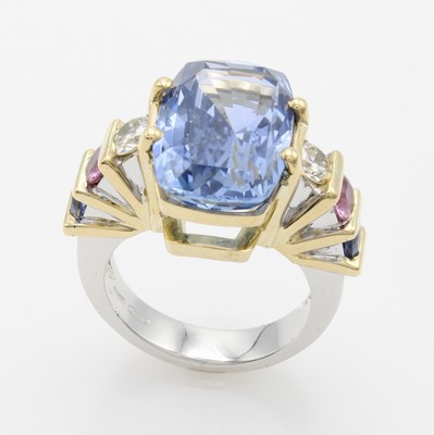 Image Ring mit Ceylon-Saphir, Besatzsaphiren und Diamanten, WG/GG 750/000, Ceylon-Saphir im ...