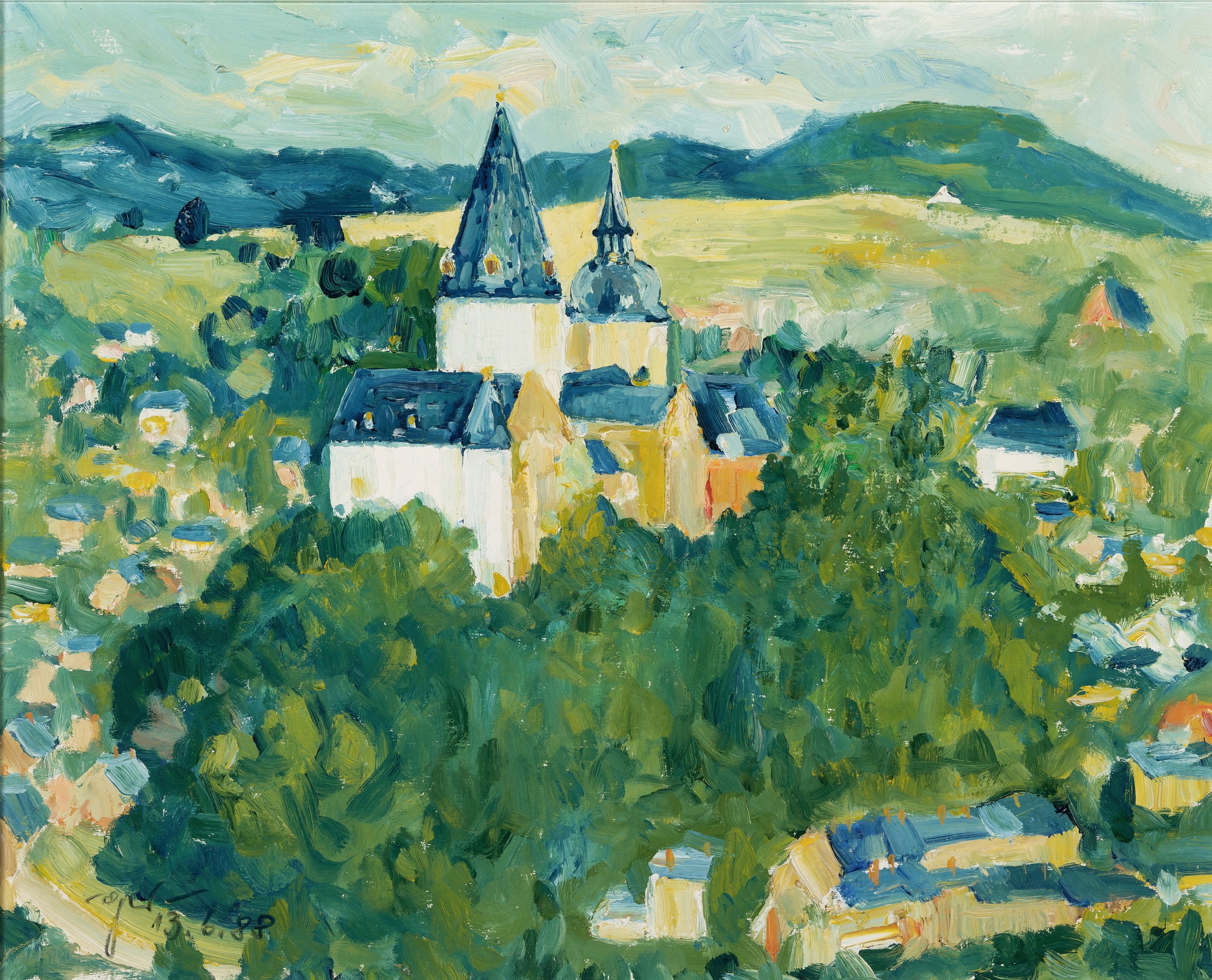 Gerhard Becker, zeitgen. Maler aus Schwarzenberg, Blick auf Kirche und Schloß Schwarzenberg von der Ostseite gemalt, so rückseitig beschreiben, ...