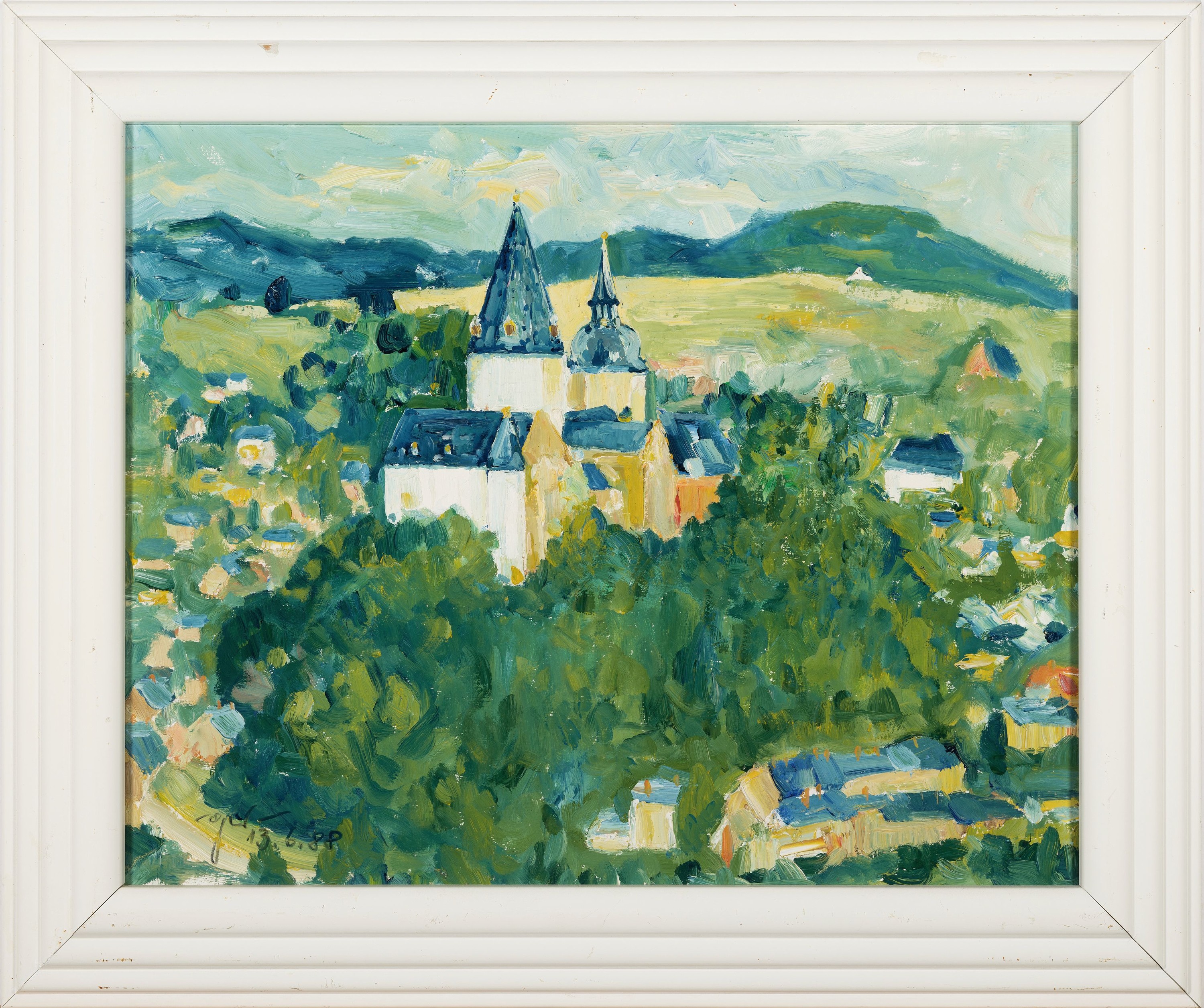 Detail k: Gerhard Becker, zeitgen. Maler aus Schwarzenberg, Blick auf Kirche und Schloß Schwarzenberg von der Ostseite gemalt, so rückseitig beschreiben, ...