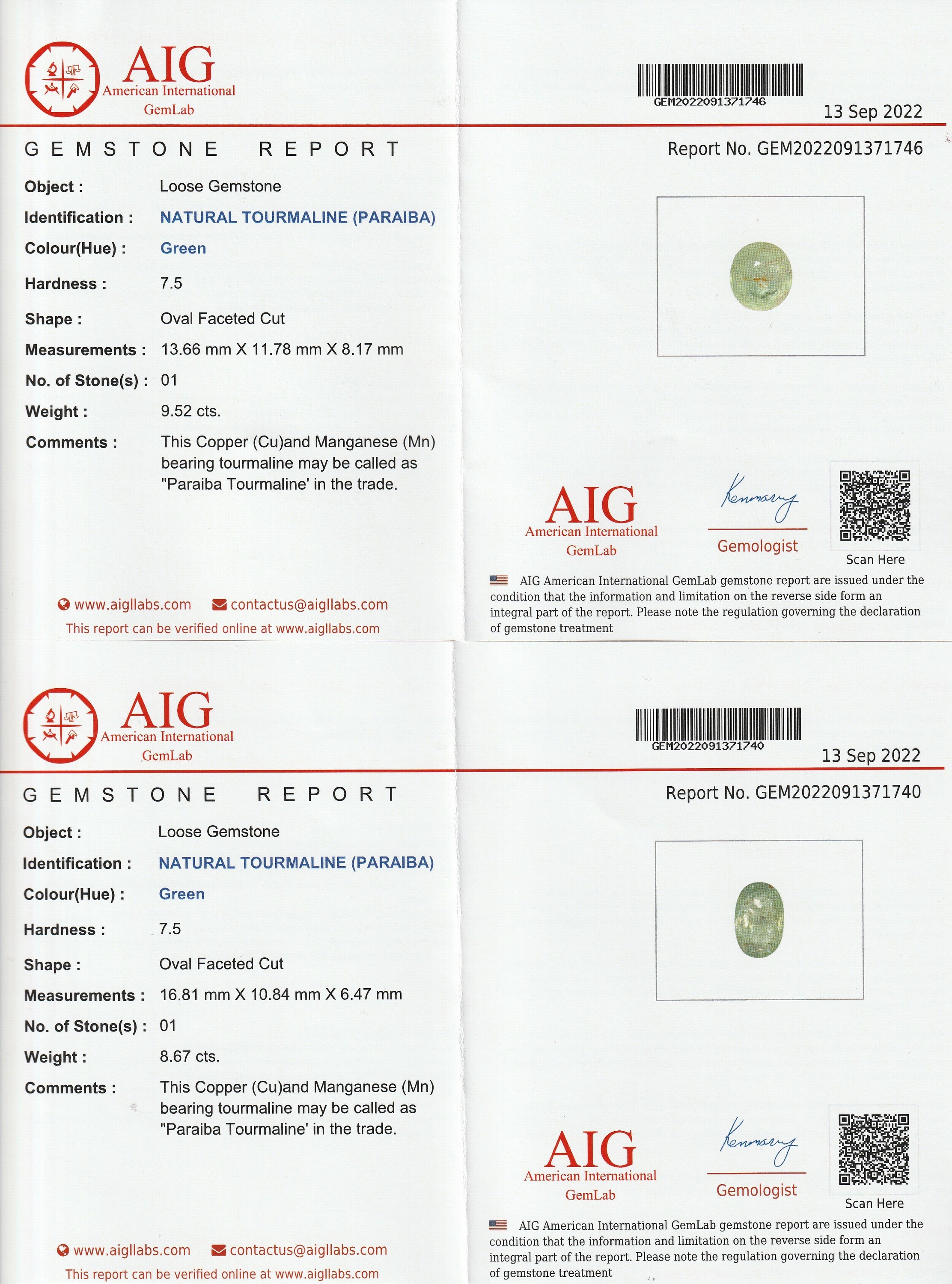 Detail b: Konvolut 3 lose nat. Turmaline (Paraiba): 1 x ca. 8.67 ct, ovalfacett.; 1 x 3.97 ct, ovalfacett.; 1 x 9.52 ct, ovalfacett., alle mit AIG Zertifikat