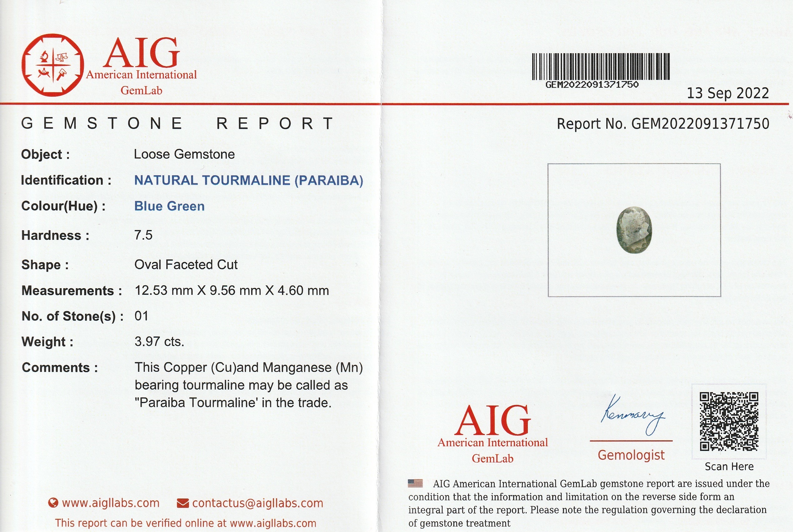 Detail c: Konvolut 3 lose nat. Turmaline (Paraiba): 1 x ca. 8.67 ct, ovalfacett.; 1 x 3.97 ct, ovalfacett.; 1 x 9.52 ct, ovalfacett., alle mit AIG Zertifikat