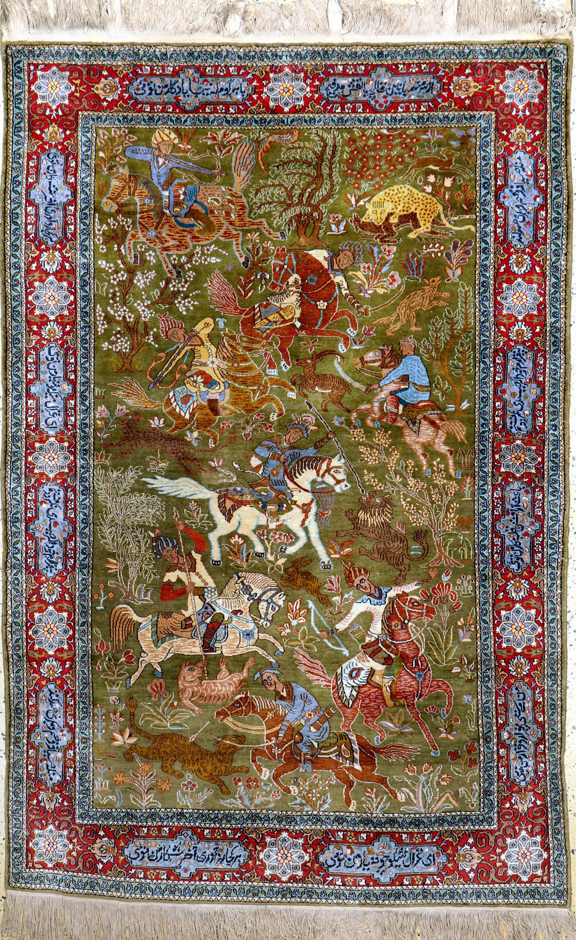 Kaschmir"Jagd-Motiv", Indien, Ende 20.Jhd, merzerisierte Baumwolle, ca. 190 x 130 cm, EHZ: 1-2