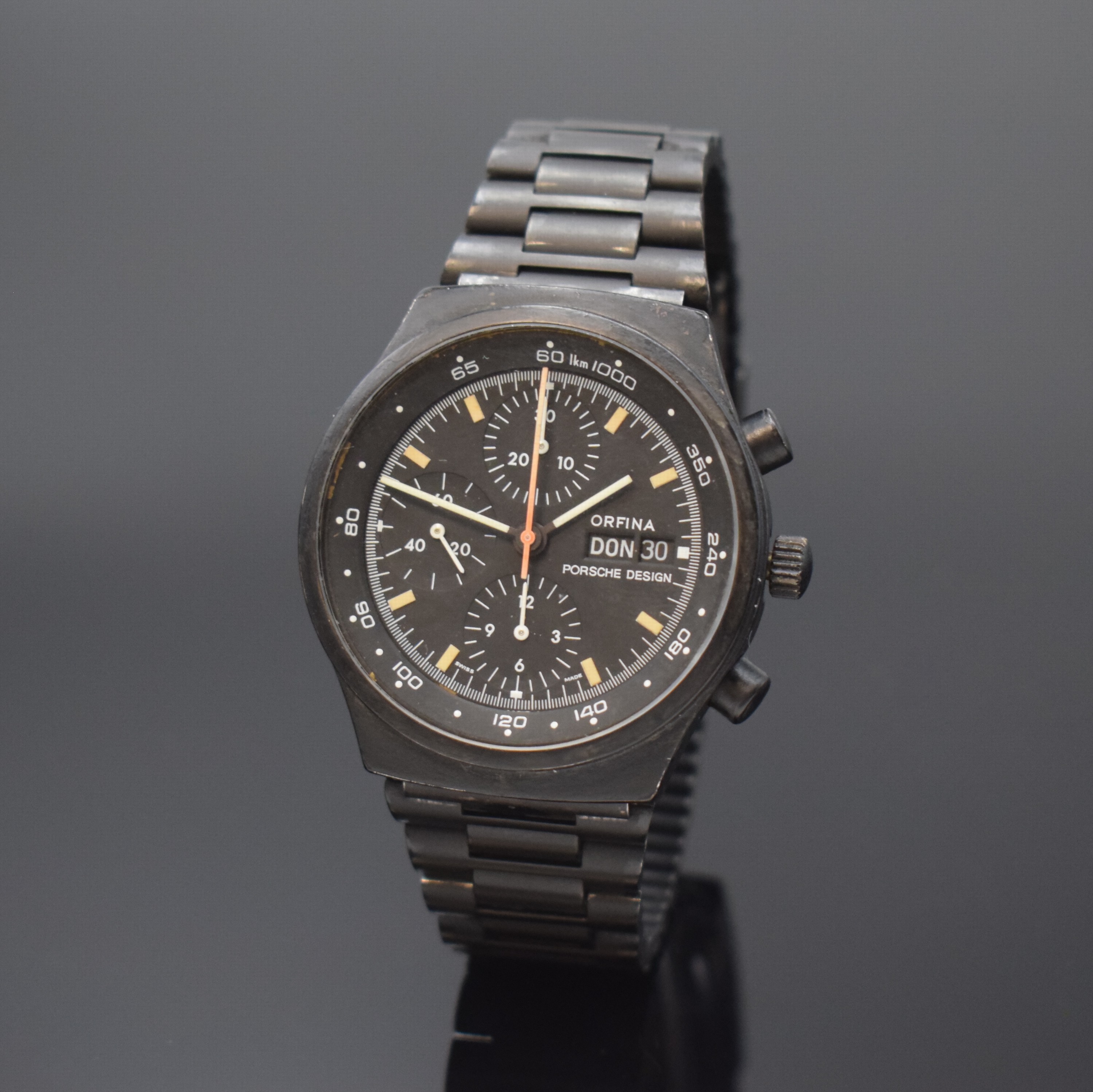 ORFINA Porsche Design Armbandchronograph in Stahl, Schweiz um 1985, Automatik, schwarz beschichtetes Geh. u. Band m. Faltschl., Stahlboden verschr., ...