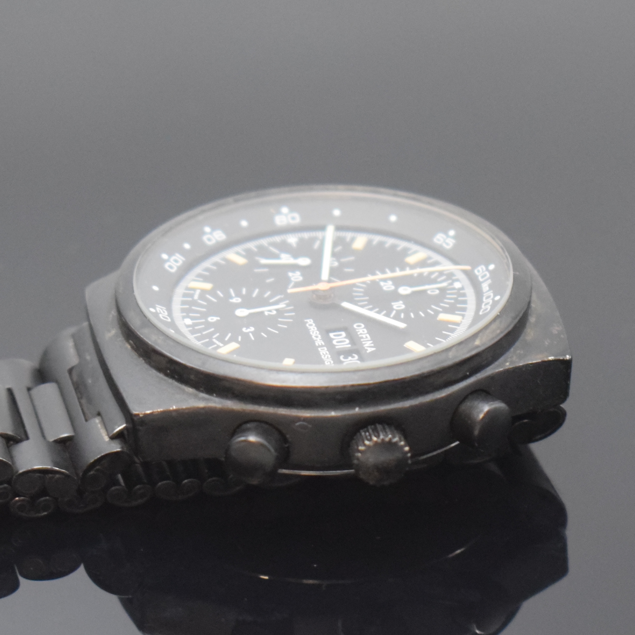 Detail c: ORFINA Porsche Design Armbandchronograph in Stahl, Schweiz um 1985, Automatik, schwarz beschichtetes Geh. u. Band m. Faltschl., Stahlboden verschr., ...