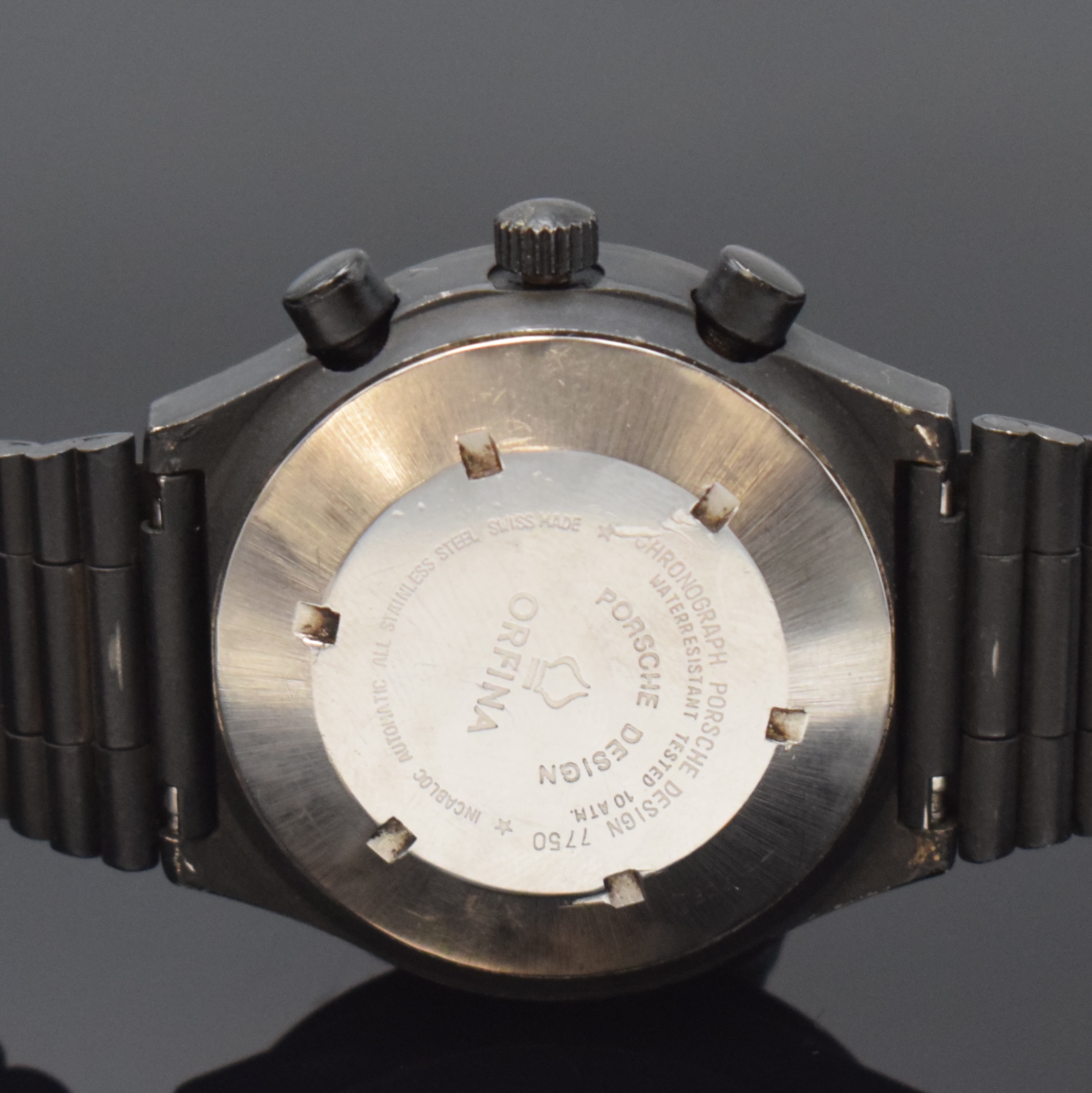Detail d: ORFINA Porsche Design Armbandchronograph in Stahl, Schweiz um 1985, Automatik, schwarz beschichtetes Geh. u. Band m. Faltschl., Stahlboden verschr., ...