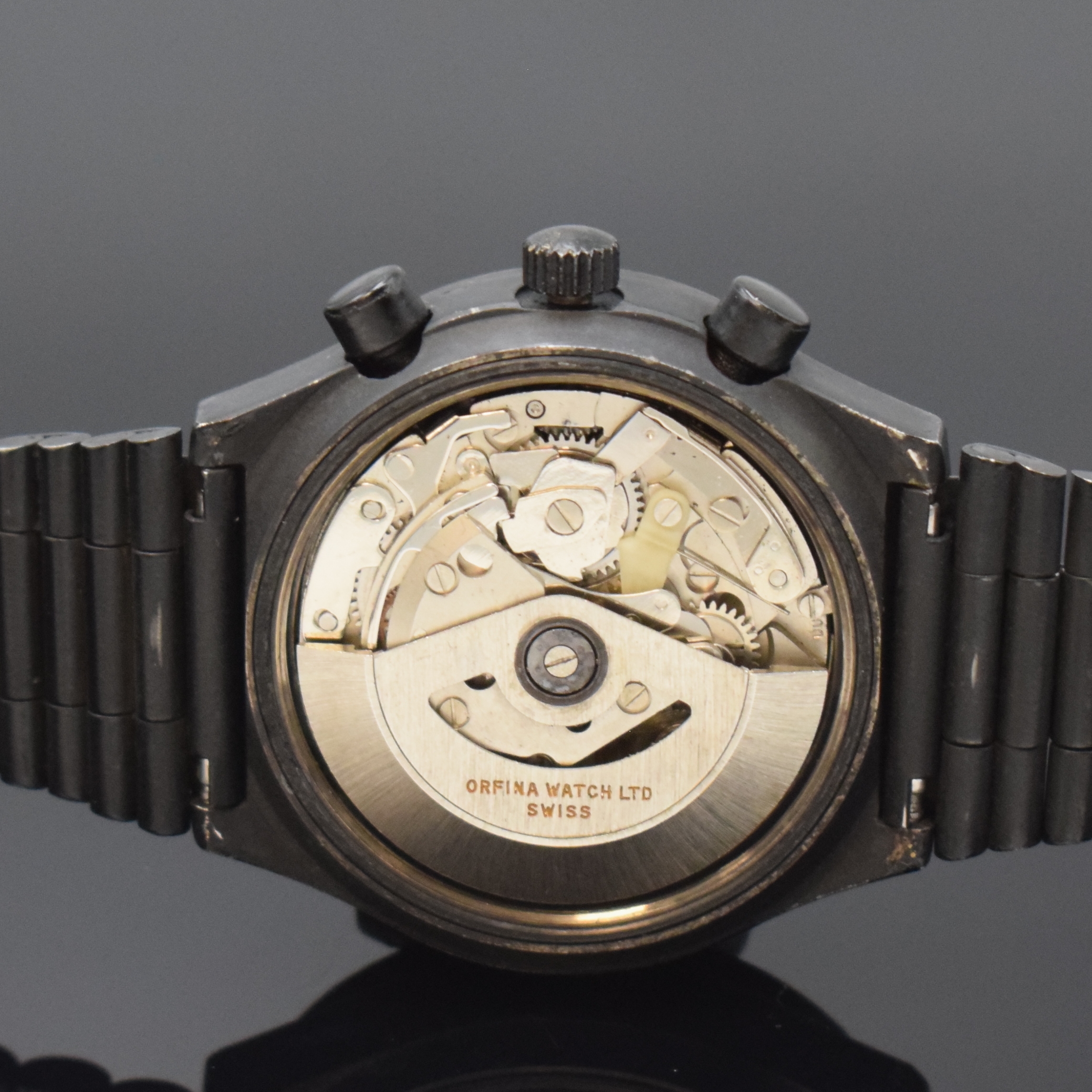 Detail e: ORFINA Porsche Design Armbandchronograph in Stahl, Schweiz um 1985, Automatik, schwarz beschichtetes Geh. u. Band m. Faltschl., Stahlboden verschr., ...