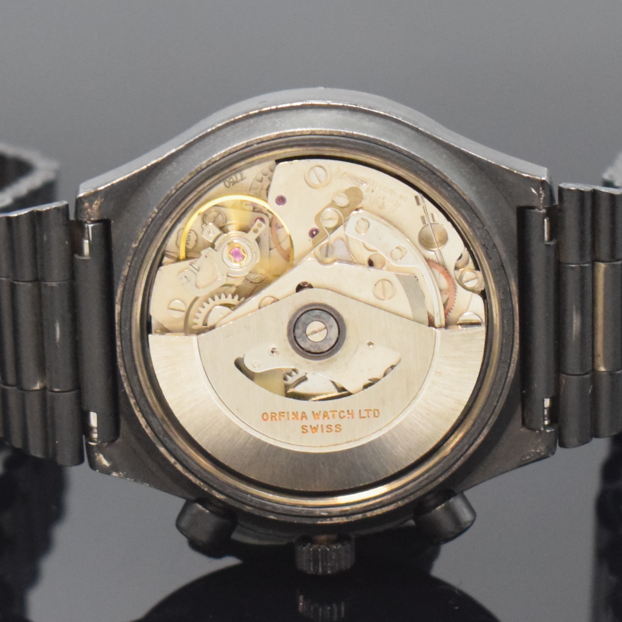 Detail f: ORFINA Porsche Design Armbandchronograph in Stahl, Schweiz um 1985, Automatik, schwarz beschichtetes Geh. u. Band m. Faltschl., Stahlboden verschr., ...