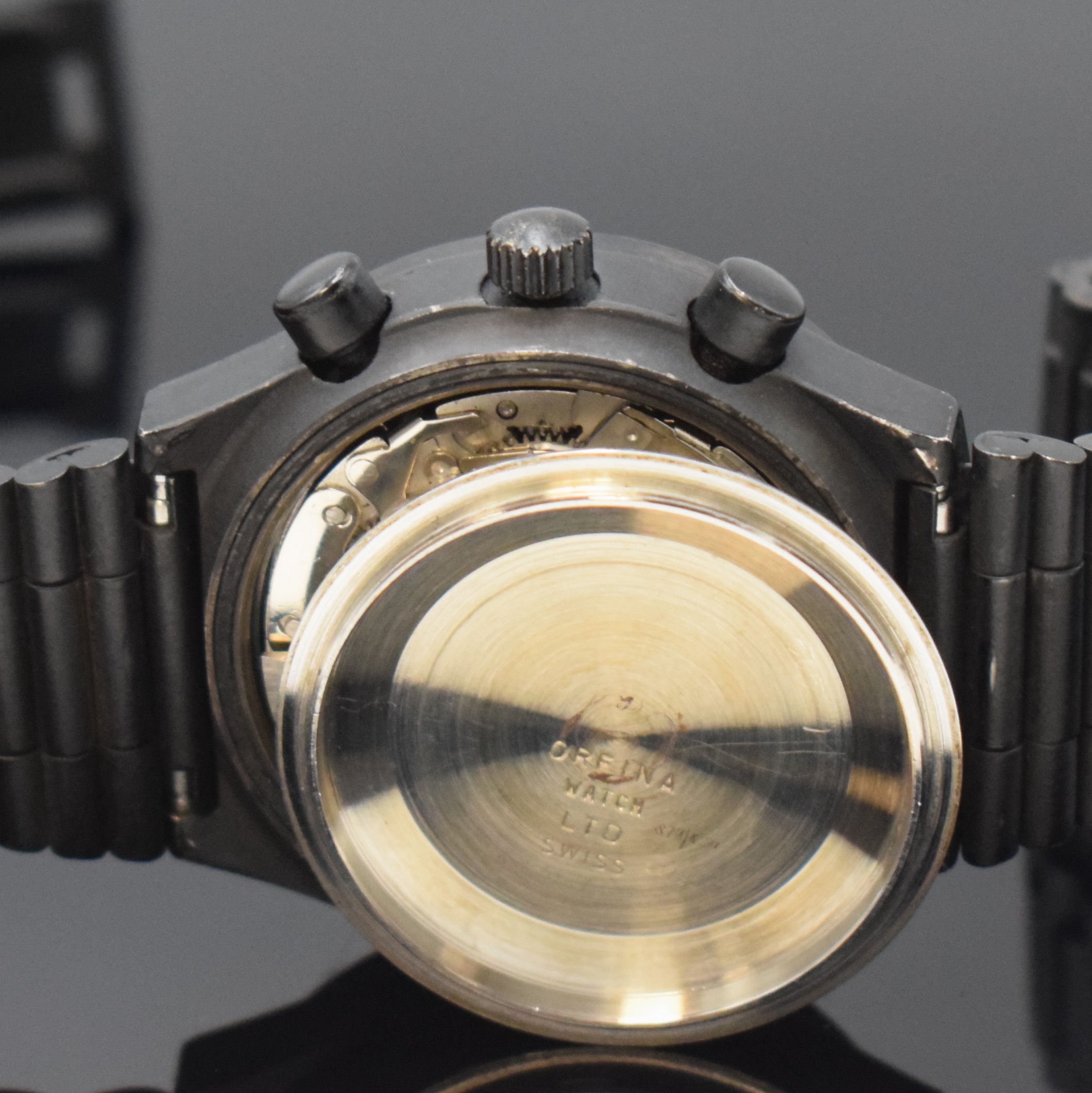 Detail g: ORFINA Porsche Design Armbandchronograph in Stahl, Schweiz um 1985, Automatik, schwarz beschichtetes Geh. u. Band m. Faltschl., Stahlboden verschr., ...