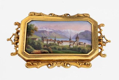 Image 26853612 - 18 kt Gold Miniaturmalerei-Brosche, um 1860, GG 750/000 gepr., wohl Schweiz, feine ...