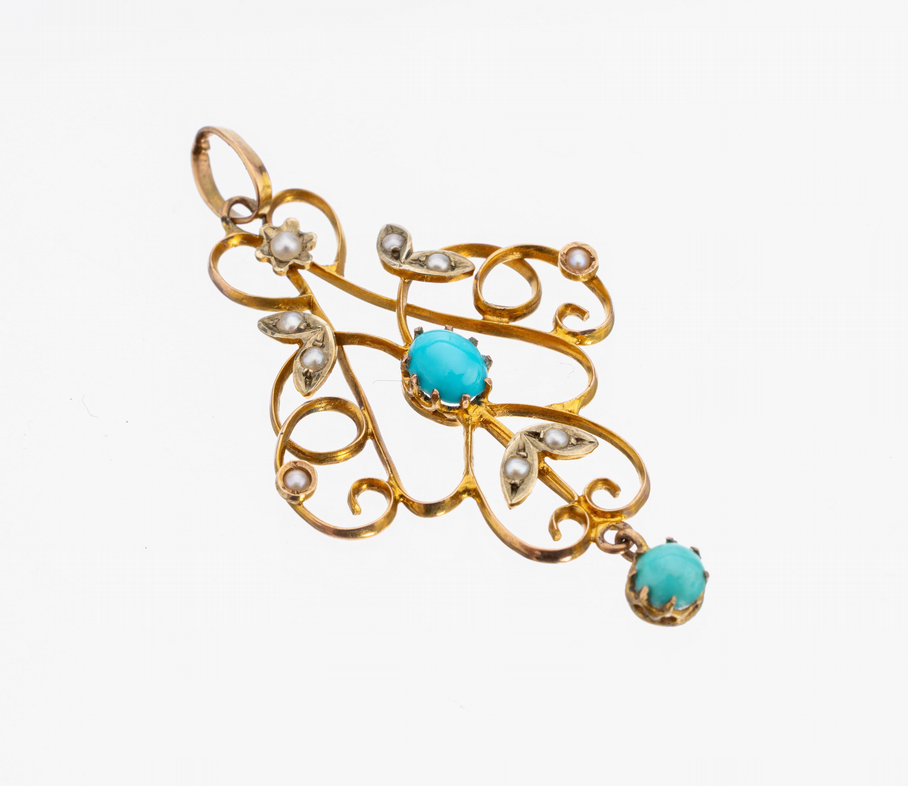 9 kt Gold Türkis-Perl-Anhänger, um 1900, GG375/000 gepr., wohl England, floral, geschwungen, kl. Türkis-Cabochons und kl. Flussperlen, ca. 4.5 x ...