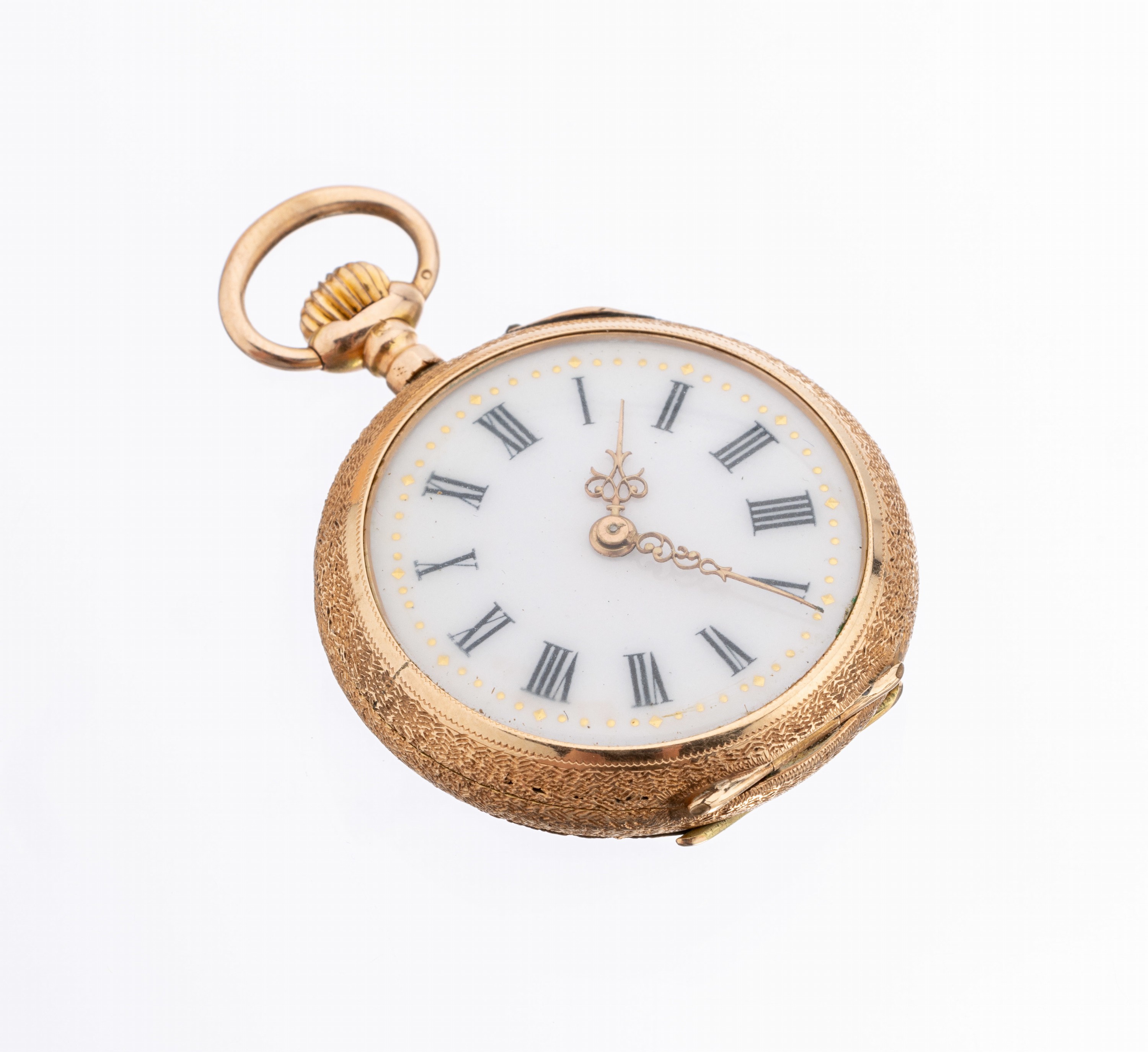14 kt Gold Damentaschenuhr, um 1910, RG 585/000, Oberfläche strukturiert, rs. floral emailliert, Handaufzug, weißes Ziffernblatt mit römischen ...