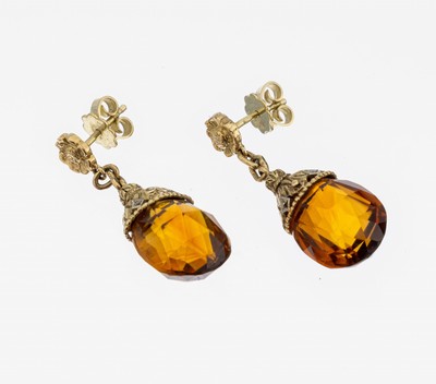 Image 26853926 - Paar 14 kt Gold Citrin-Ohrstecker, GG 585/000, blütenf., bewegl. Abhängung ...