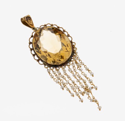 Image 26854070 - 14 kt Gold Citrin-Perl-Anhänger, um 1900, GG 585/000 gepr., ovalfacett. Citrin ca. ...