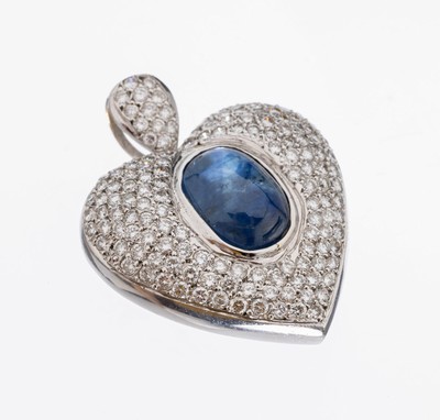 Image 26854092 - 18 kt Gold Saphir-Brillant-Herzanhänger, WG 750/000, ovaler Saphircabochon ca. 5.0 ...