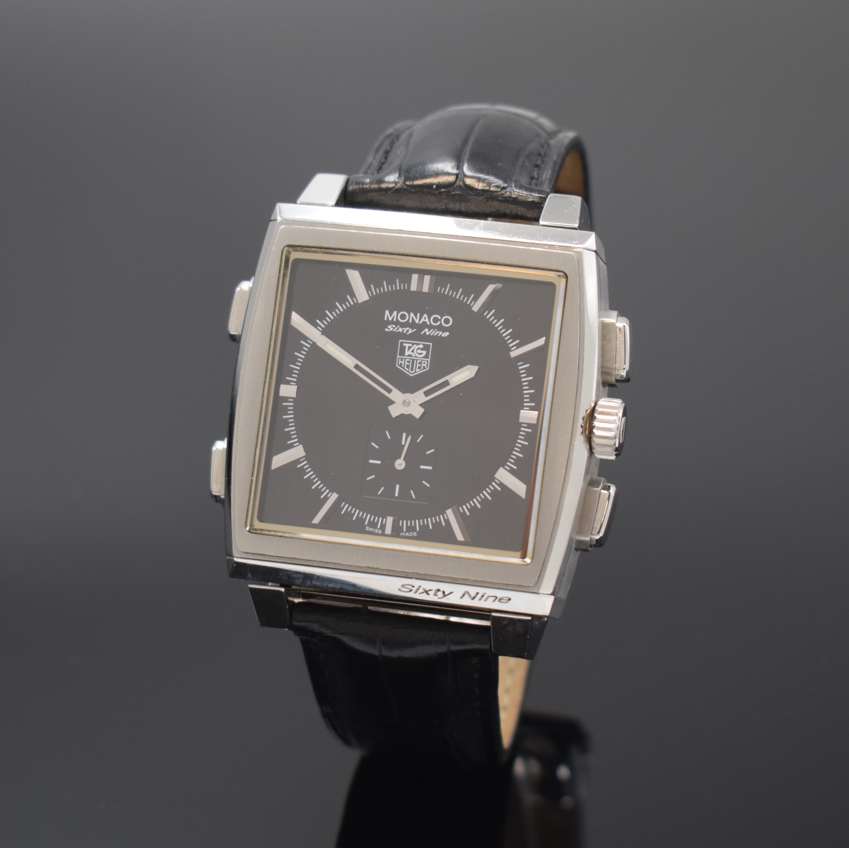 TAG HEUER Monaco Sixty Nine Herrenchronograph mit 2 Werken Referenz CW9110-0, Schweiz um 2000, Handaufzug, Edelstahlgeh. m. Wende- Mechanismus, orig. ...