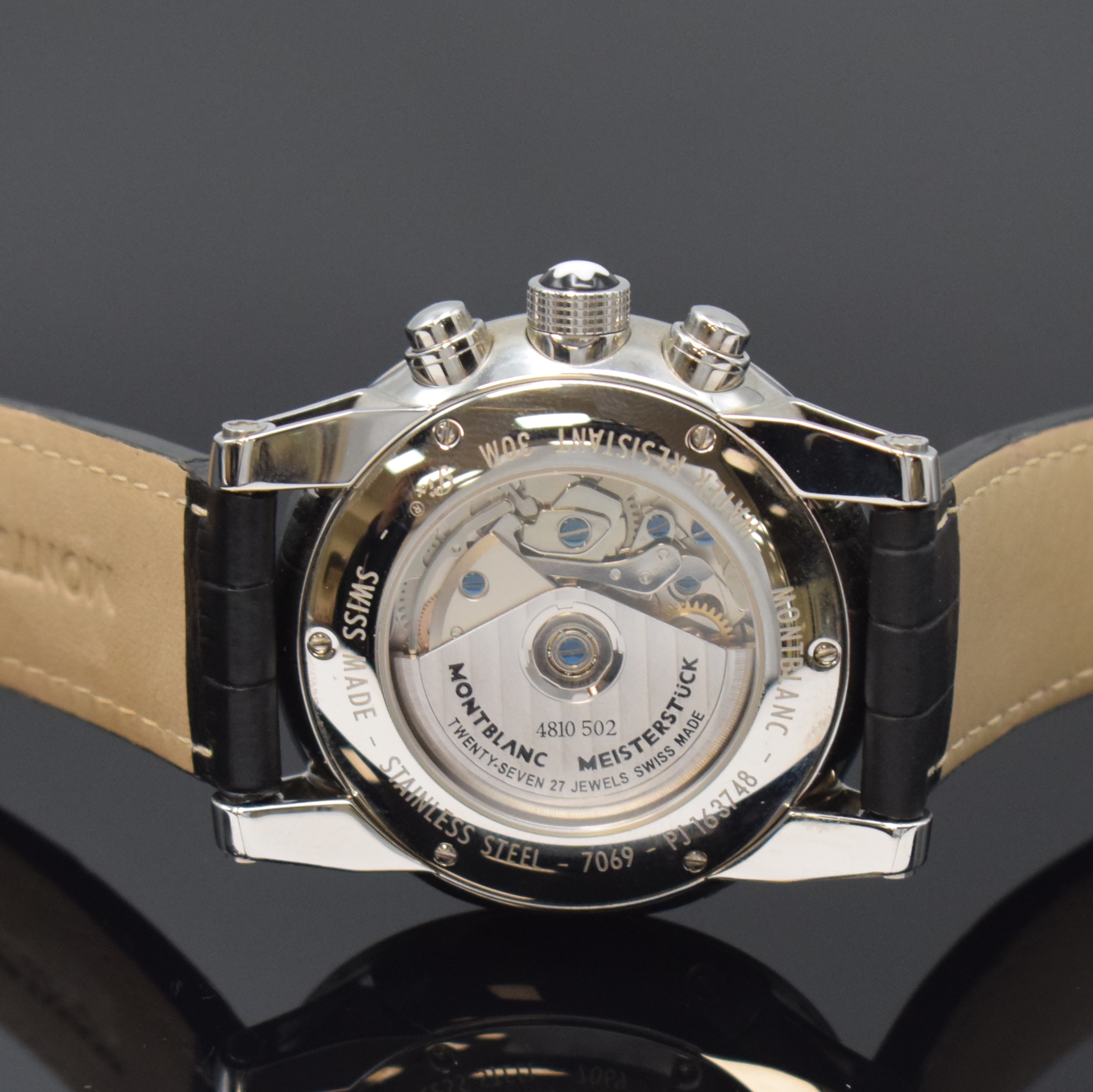 Detail e: MONTBLANC Timewalker Herrenarmbanduhr mit Chronograph Referenz 7069, Schweiz um 2010, Automatik, Edelstahlgeh. beids. vergl., Boden 6-fach verschr., ...
