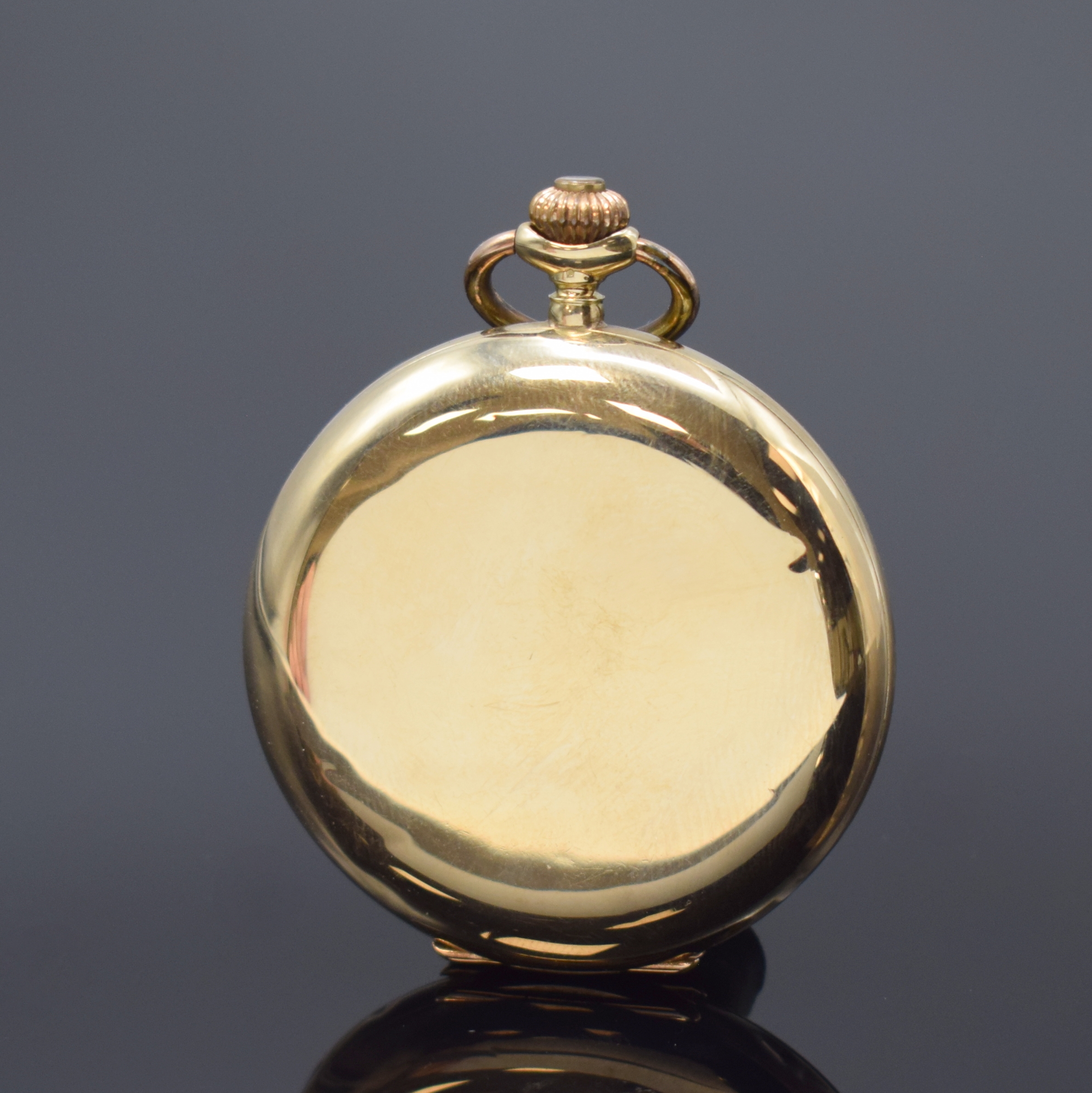 Detail b: Savonette Taschenuhr in GG 585/000, Schweiz um 1915, glattes Geh. dell., Metallcuvette, Emailzifferbl. m. arab. Zahlen, gold. Zeiger, kl. Sek. b. 6, ...