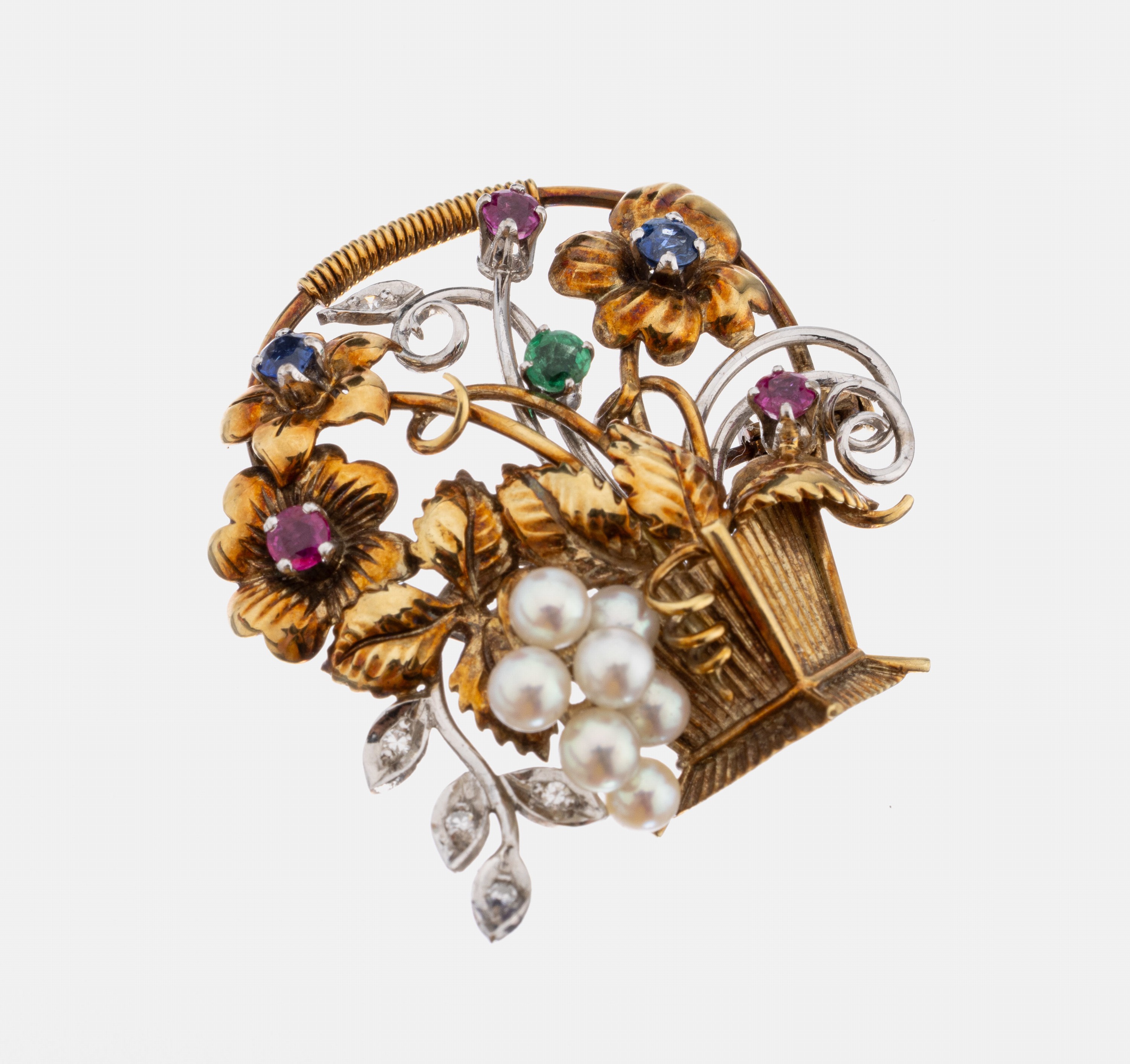 14 kt Gold Farbstein-Perl-Diamant-Brosche "Blumenkorb", GG/WG 585/000, aufwendig gearbeitet, rund facett. Rubine, Saphire und Smaragde ...