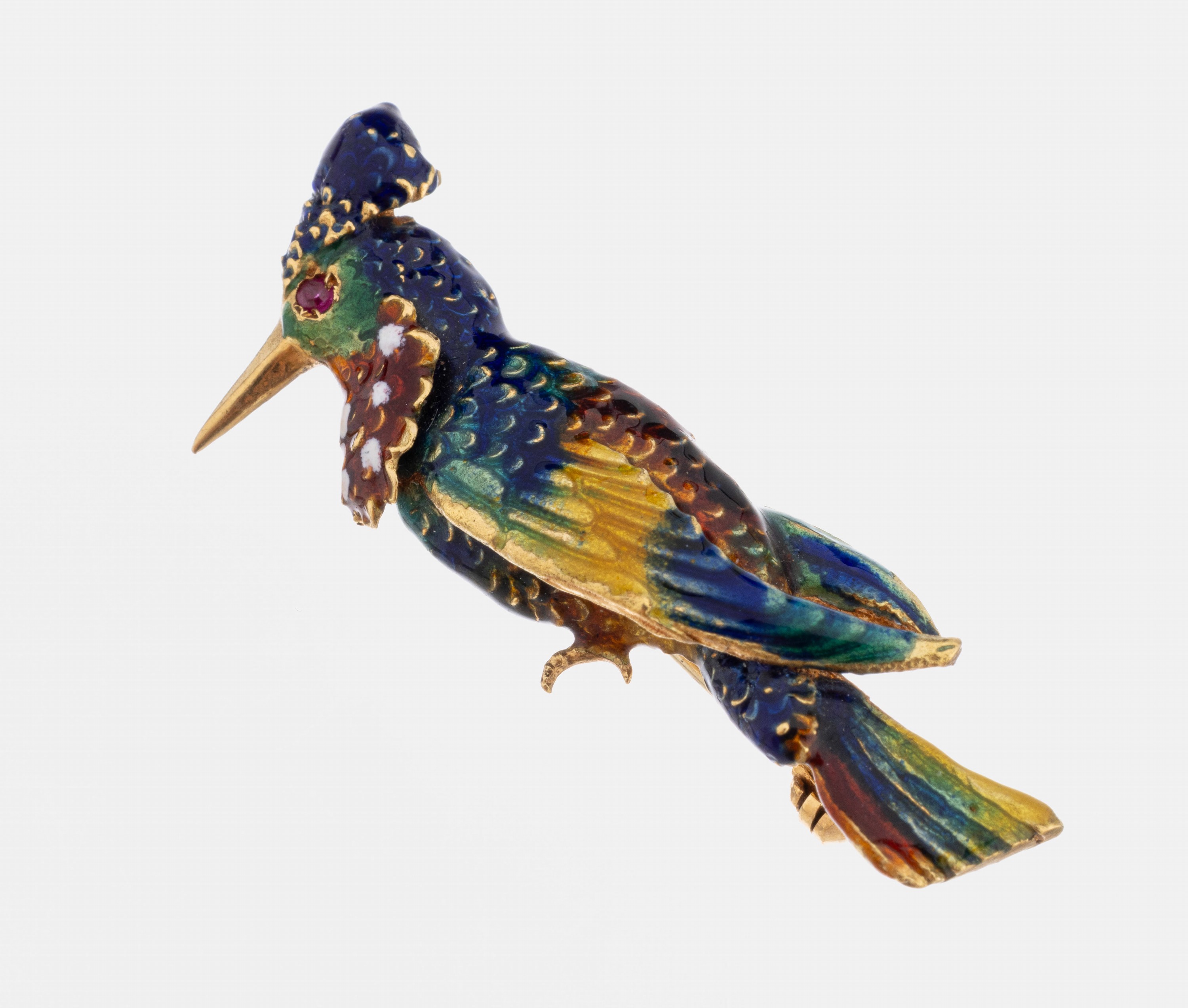 18 kt Gold Brosche "Vogel" mit Email , GG 750/000, bt. emailliert, L. ca. 4 cm, ca. 5.7 g