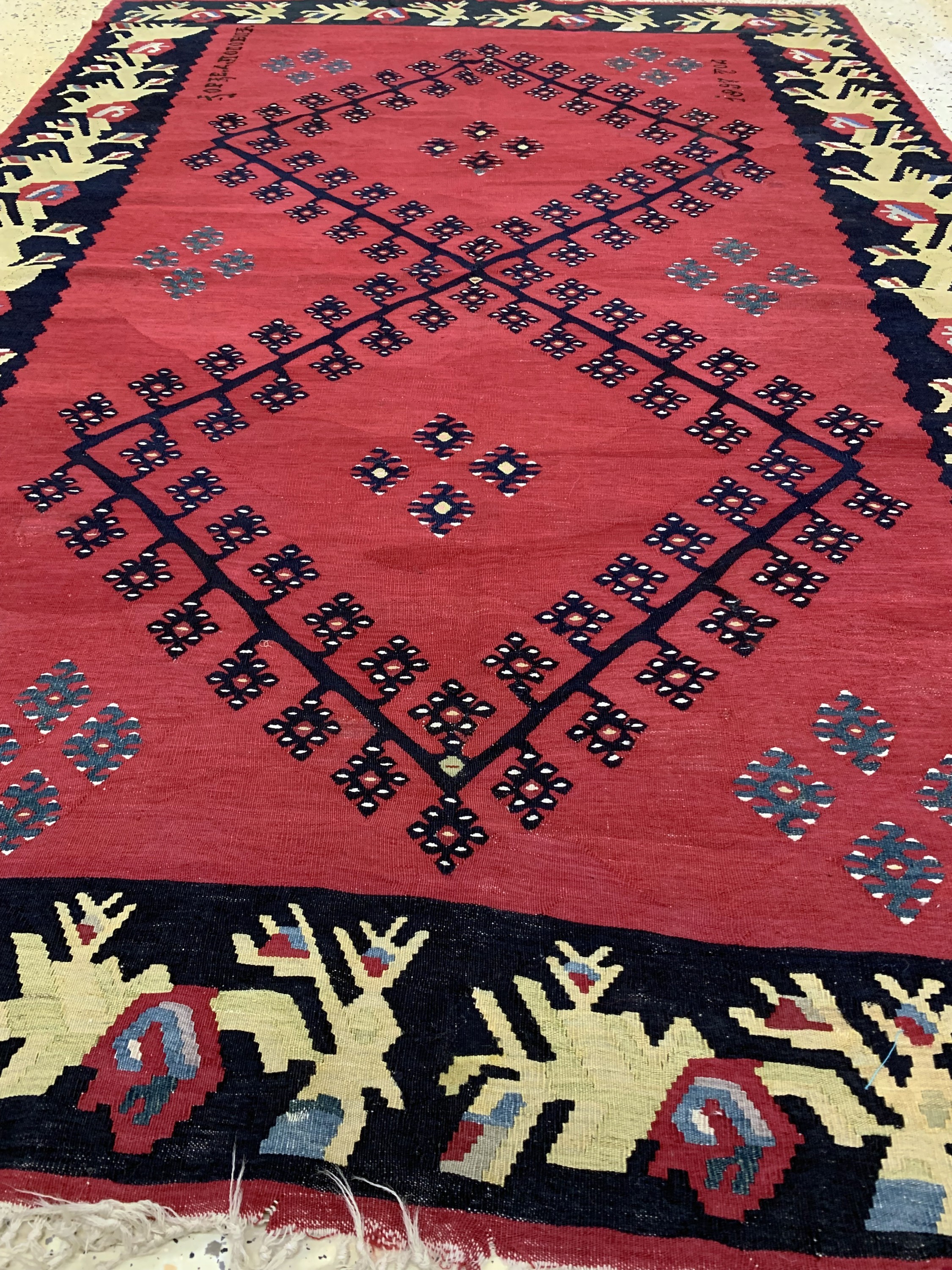 Detail c: Sarkoy Kelim antik signiert, Türkei, datiert 1897 , Wolle auf Wolle, ca. 200 x 140 cm, EHZ: 2(fleckig)