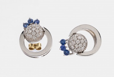 Image Paar 18 kt Gold Saphir-Brillant-Ohrstecker, WG 750/000, 6 rundfacett. Saphire zus. ca. ...