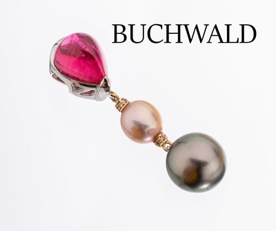 Image 18 kt Gold BUCHWALD Zuchtperl-Brillant- Rubellit-Anhänger, WG 750/000, oberhalb ...