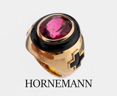 Image Massiver 18 kt Gold HORNEMANN Rubellith-Onyx- Ring, GG 750/000, mittig ovalfacett. ...