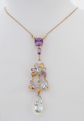 Image 18 kt Gold Beryll-Amethyst-Diamant-Collier, GG 750/000, Mittelteil mit facett. Beryllen ...